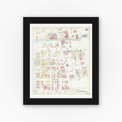 Old map wall art mockup — black gallery frame with white mat — Sanborn Fire Insurance Map from Madison, Jefferson County, Indiana (1904), Sheet #0013