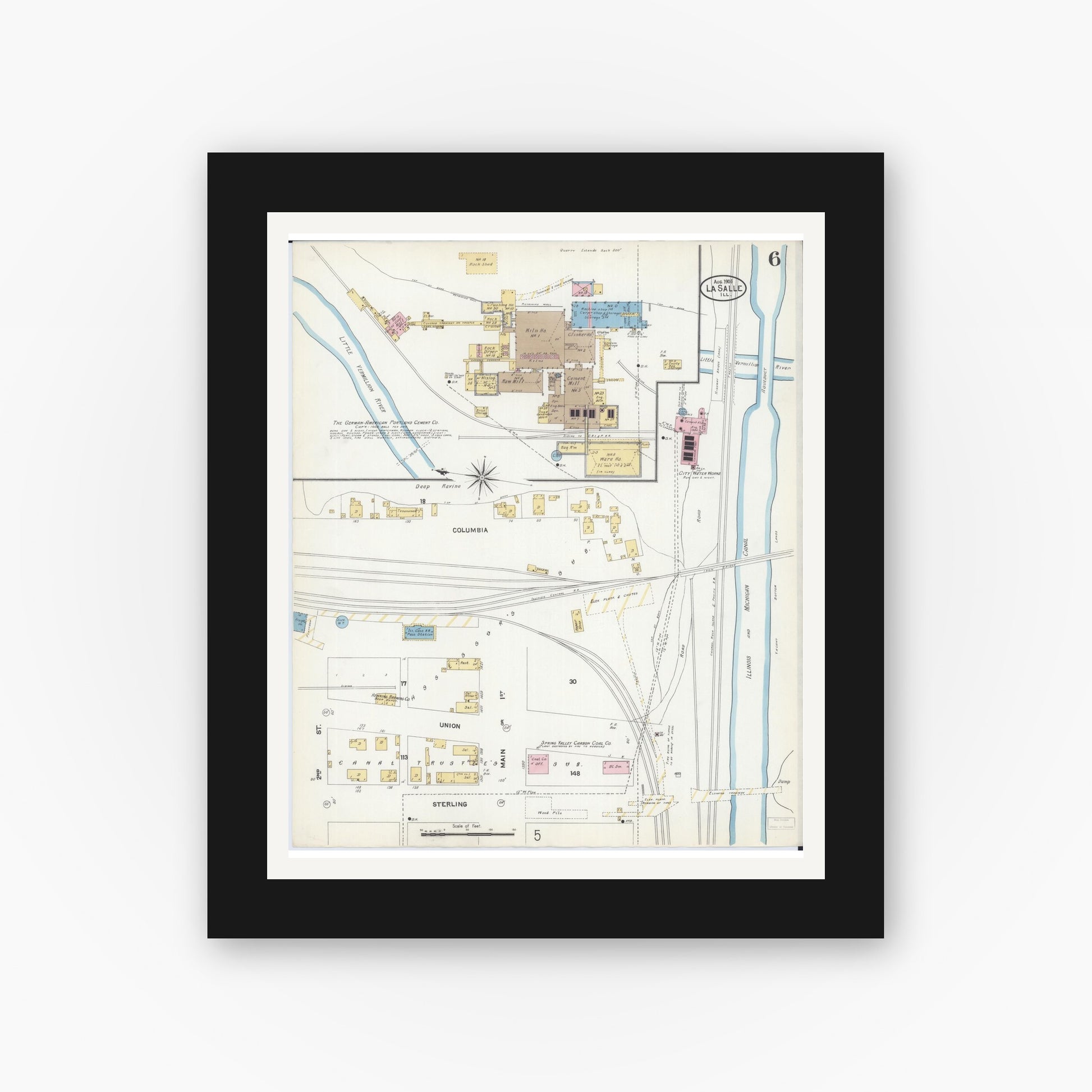 Old map wall art mockup — black gallery frame with white mat — Sanborn Fire Insurance Map from La Salle, La Salle County, Illinois (1906), Sheet #0006