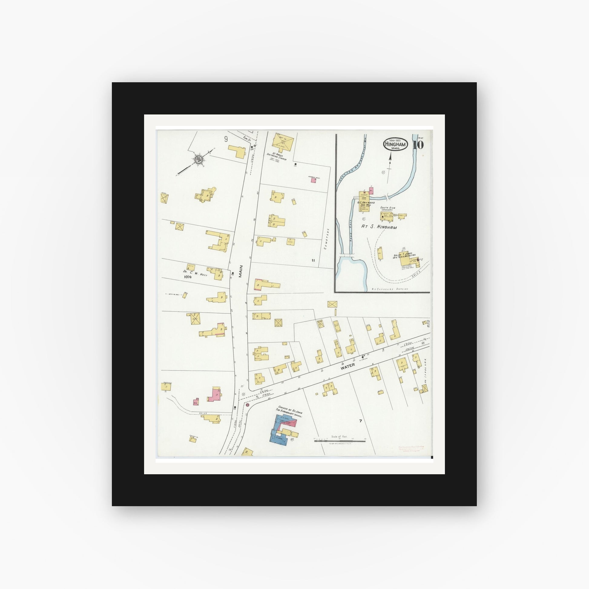 Old map wall art mockup — black gallery frame with white mat — Sanborn Fire Insurance Map from Hingham, Plymouth County, Massachusetts (1921), Sheet #0010