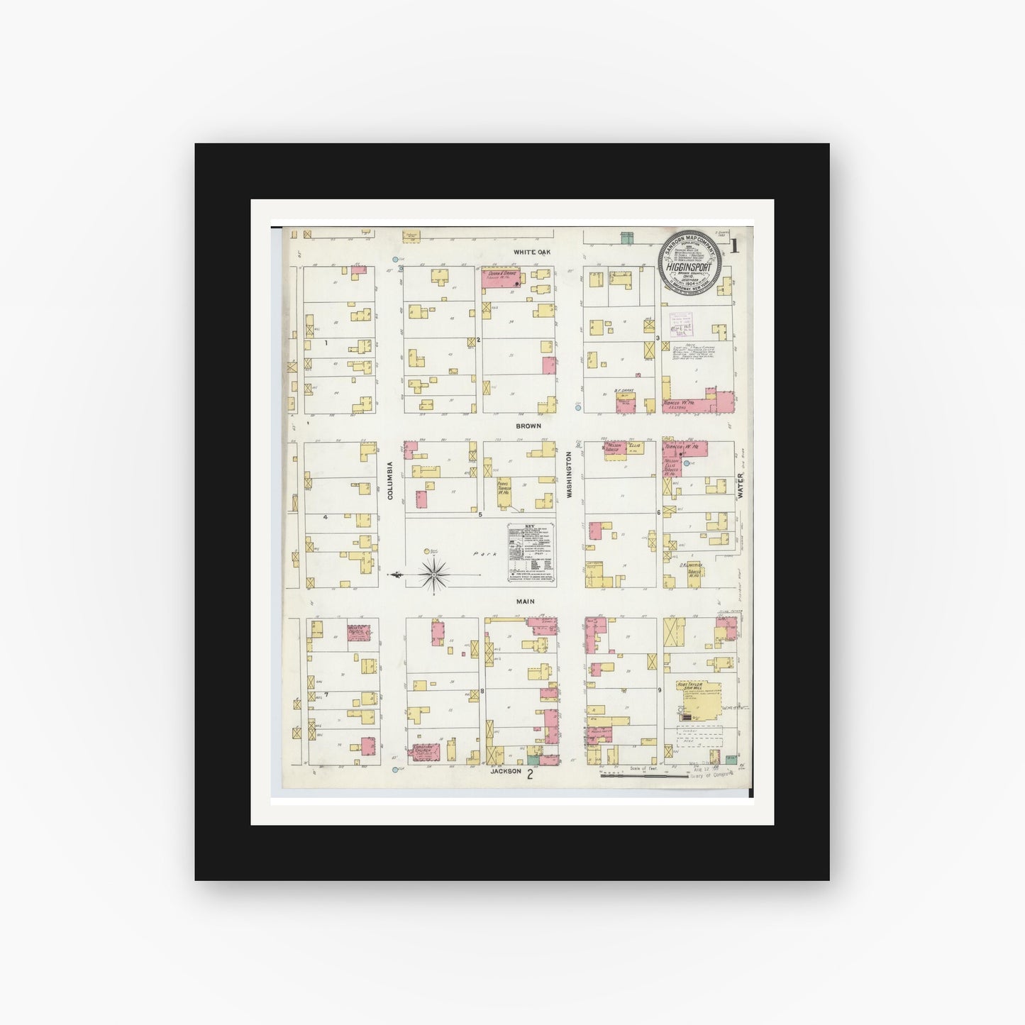 Old map wall art mockup — black gallery frame with white mat — Sanborn Fire Insurance Map from Higginsport, Brown County, Ohio (1904), Sheet #0001