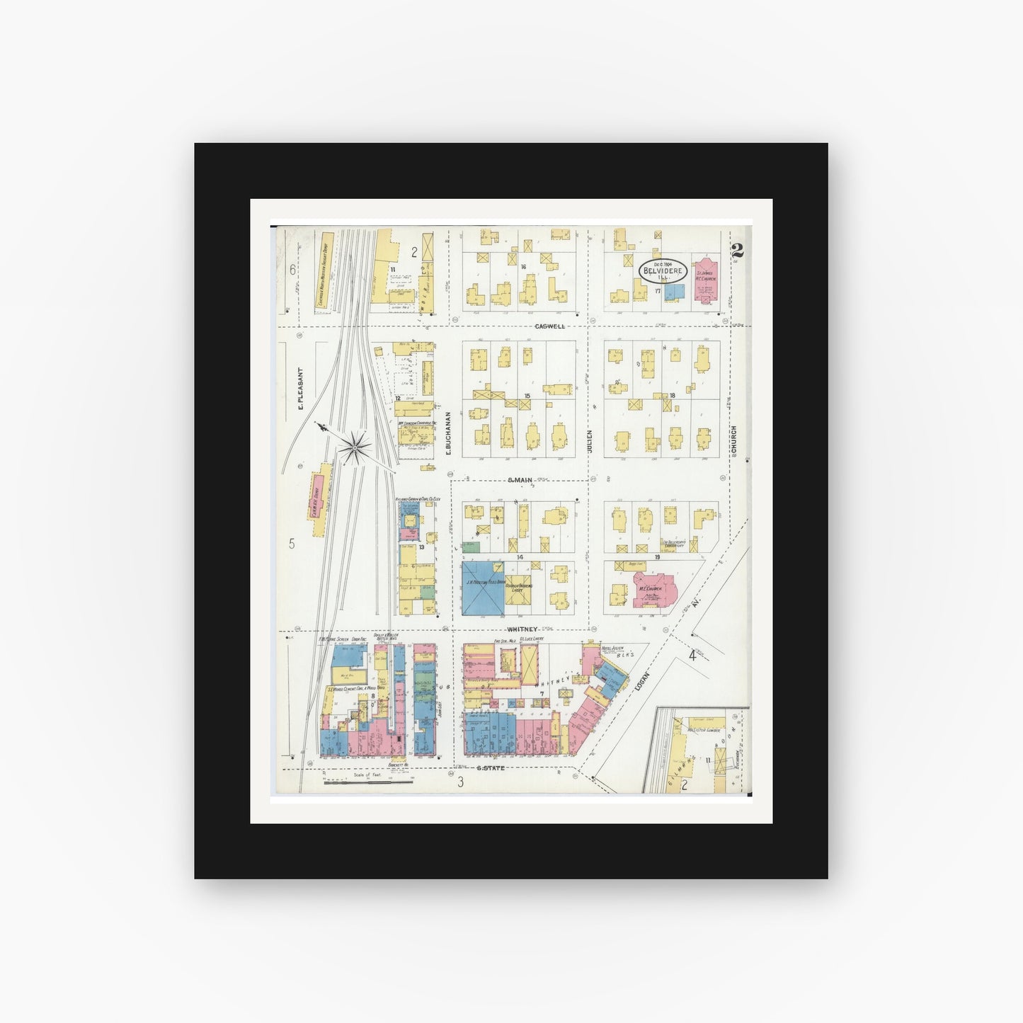 Old map wall art mockup — black gallery frame with white mat — Sanborn Fire Insurance Map from Belvidere, Boone County, Illinois (1904), Sheet #0002
