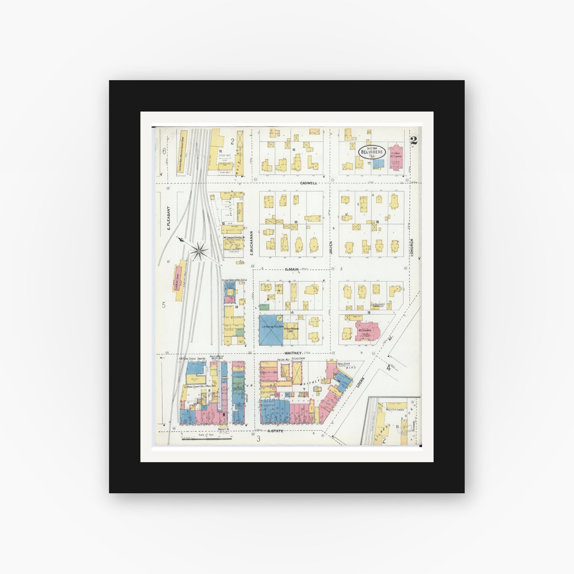 Old map wall art mockup — black gallery frame with white mat — Sanborn Fire Insurance Map from Belvidere, Boone County, Illinois (1904), Sheet #0002