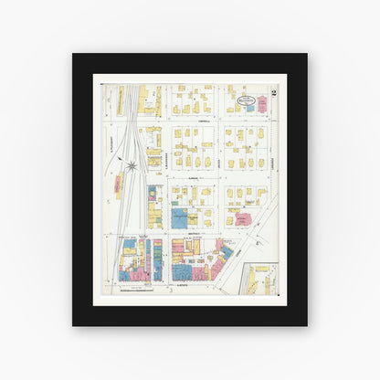 Old map wall art mockup — black gallery frame with white mat — Sanborn Fire Insurance Map from Belvidere, Boone County, Illinois (1904), Sheet #0002