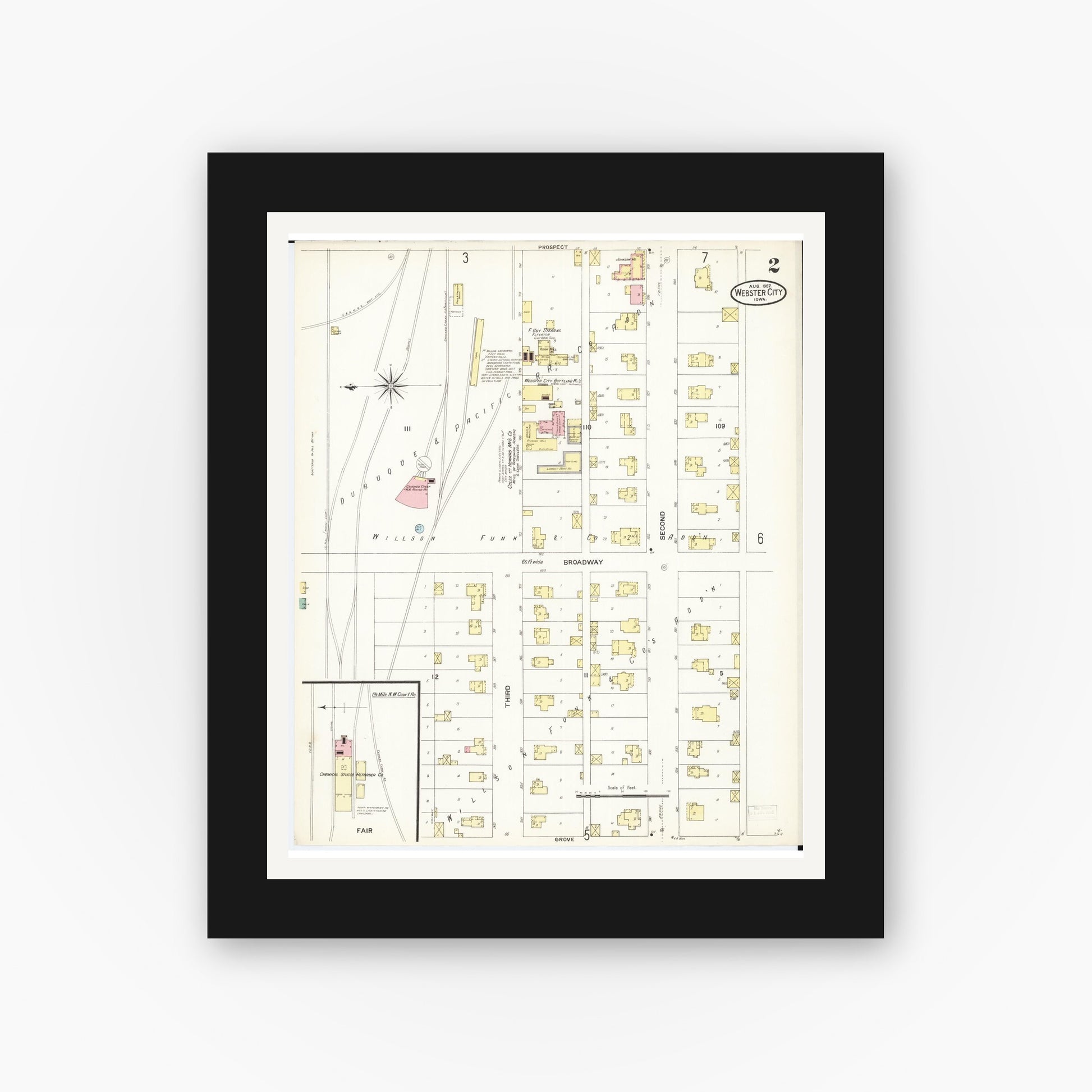 Old map wall art mockup — black gallery frame with white mat — Sanborn Fire Insurance Map from Webster City, Hamilton County, Iowa (1907), Sheet #0002