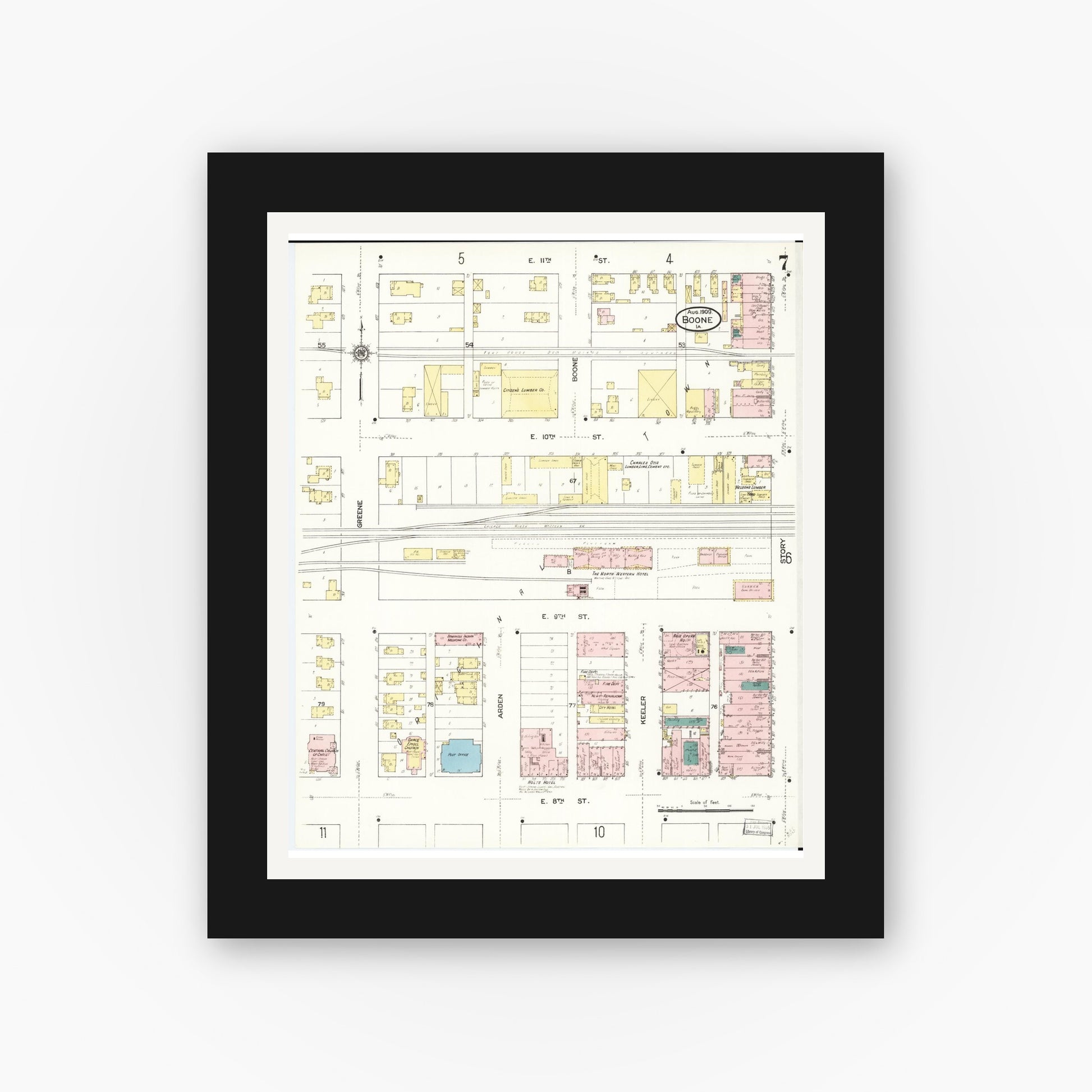Old map wall art mockup — black gallery frame with white mat — Sanborn Fire Insurance Map from Boone, Boone County, Iowa (1909), Sheet #0007