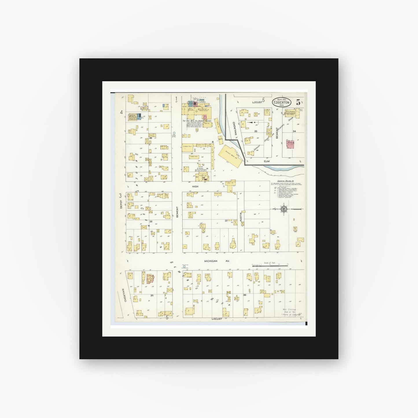 Old map wall art mockup — black gallery frame with white mat — Sanborn Fire Insurance Map from Edgerton, Williams County, Ohio (1913), Sheet #0005