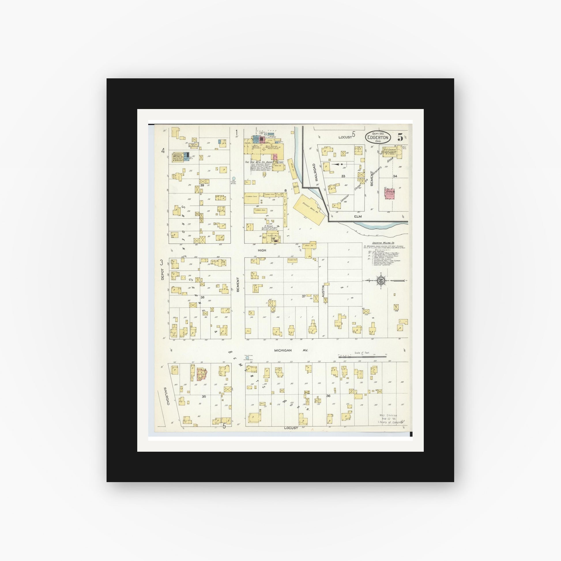 Old map wall art mockup — black gallery frame with white mat — Sanborn Fire Insurance Map from Edgerton, Williams County, Ohio (1913), Sheet #0005