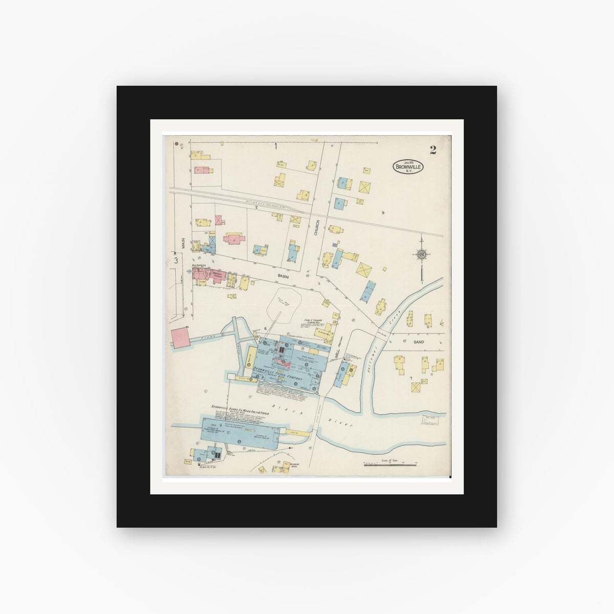 Old map wall art mockup — black gallery frame with white mat — Sanborn Fire Insurance Map from Brownville, Jefferson County, New York (1915), Sheet #0002