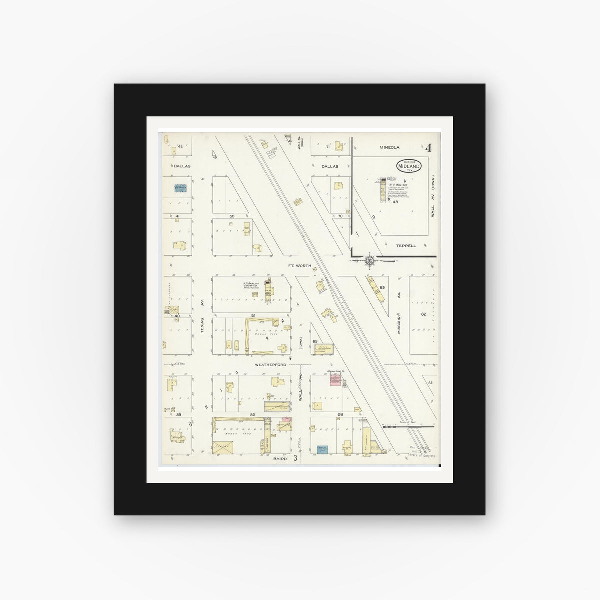 Old map wall art mockup — black gallery frame with white mat — Sanborn Fire Insurance Map from Midland, Midland County, Texas (1914), Sheet #0004