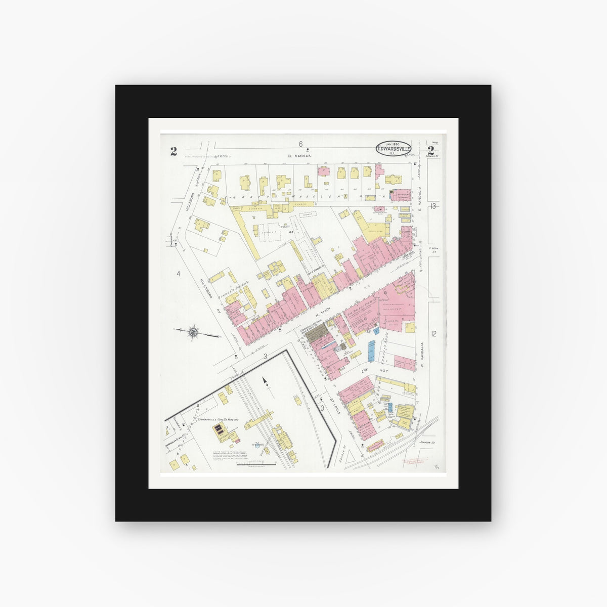 Old map wall art mockup — black gallery frame with white mat — Sanborn Fire Insurance Map from Edwardsville, Madison County, Illinois (1930), Sheet #0002