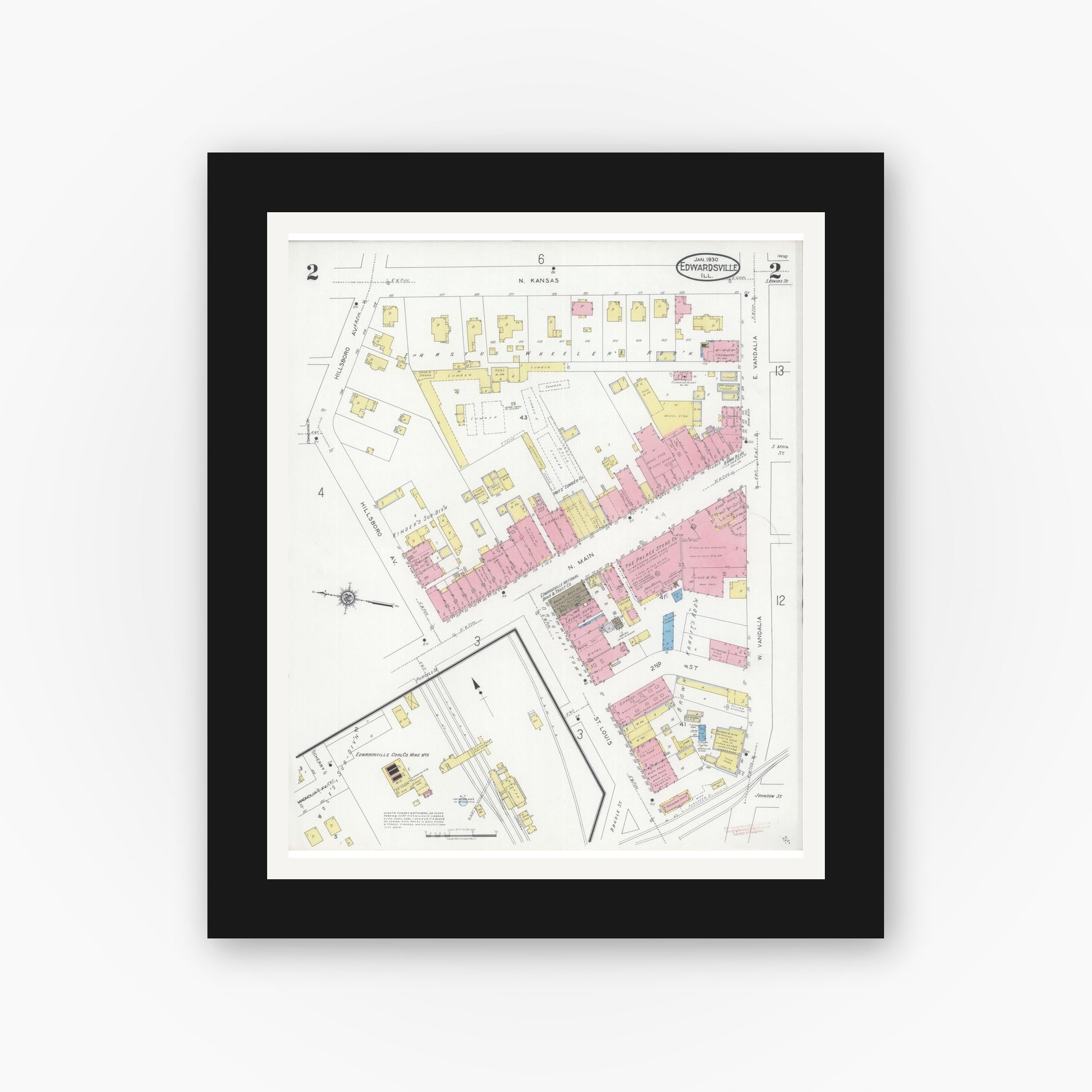 Old map wall art mockup — black gallery frame with white mat — Sanborn Fire Insurance Map from Edwardsville, Madison County, Illinois (1930), Sheet #0002