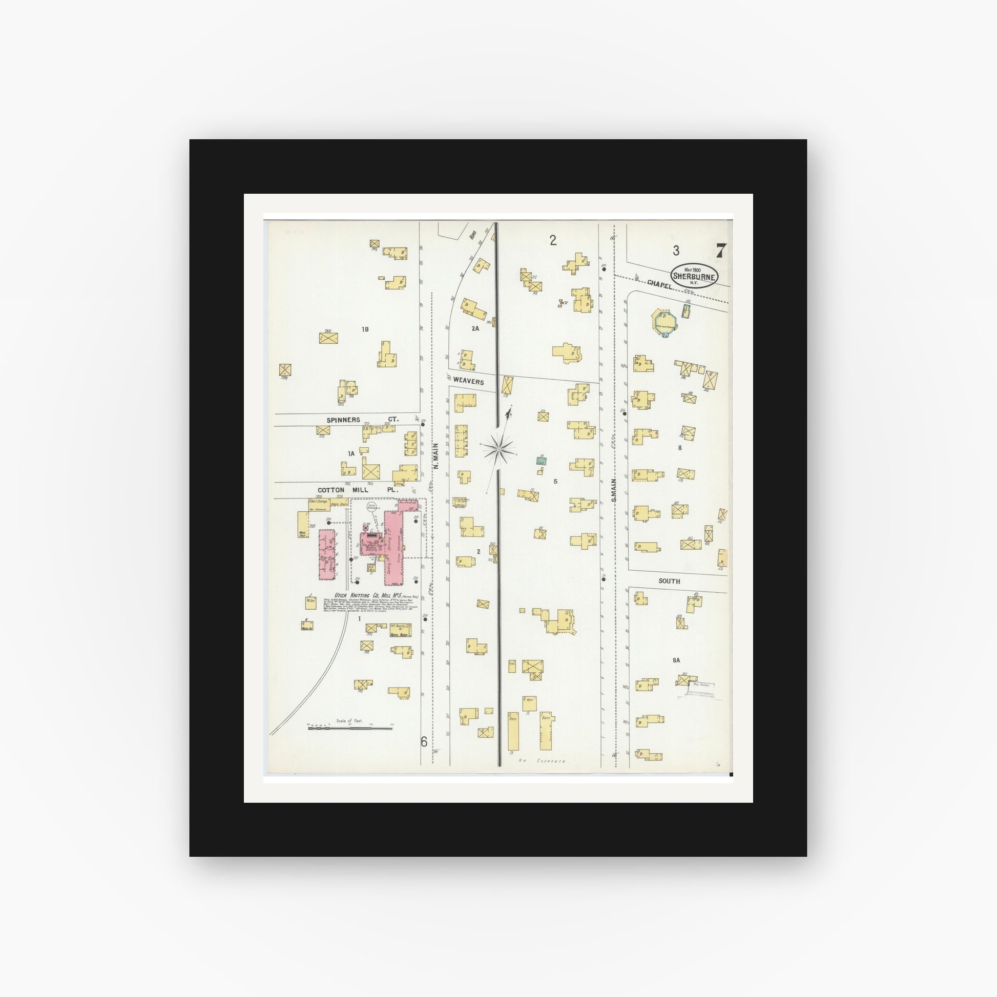 Old map wall art mockup — black gallery frame with white mat — Sanborn Fire Insurance Map from Sherburne, Chenango County, New York (1900), Sheet #0007