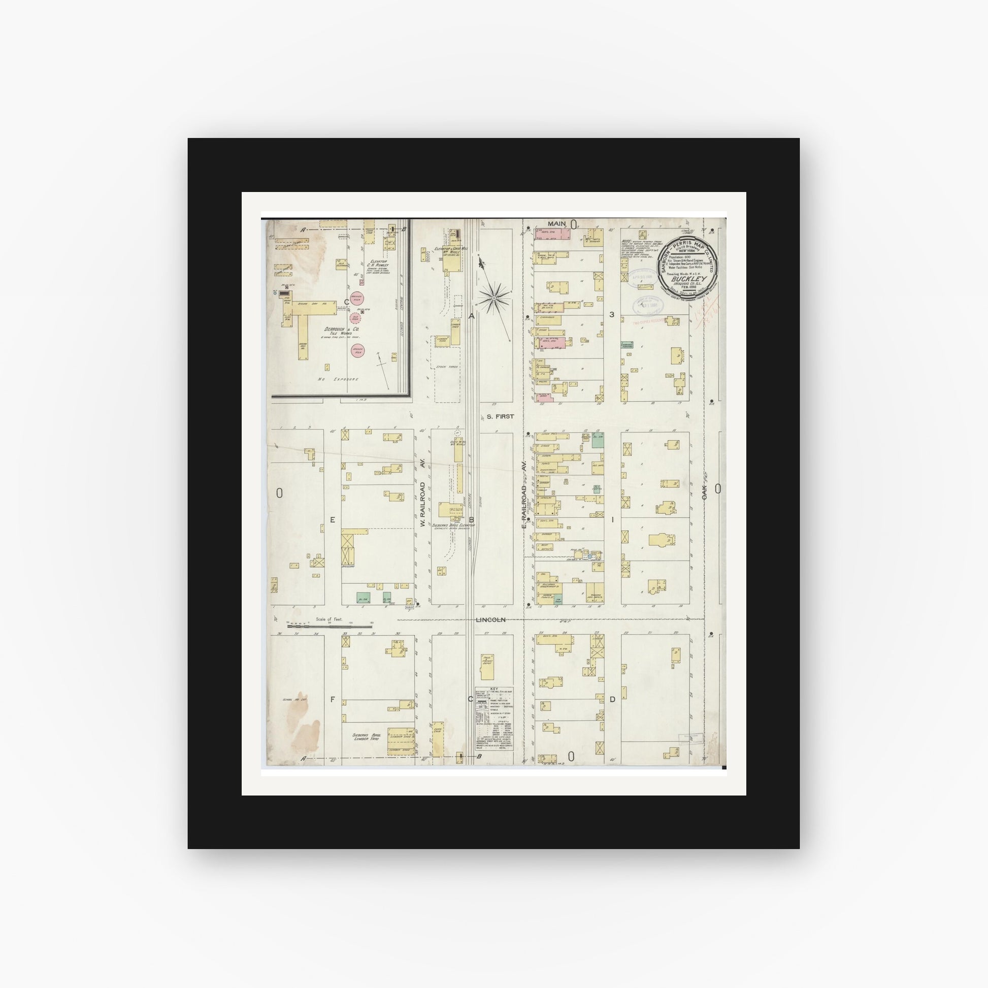 Old map wall art mockup — black gallery frame with white mat — Sanborn Fire Insurance Map from Buckley, Iroquois County, Illinois (1898), Sheet #0001