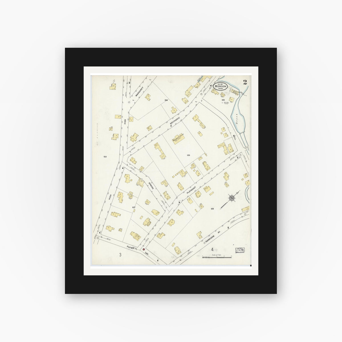 Old map wall art mockup — black gallery frame with white mat — Sanborn Fire Insurance Map from Monson, Hampden County, Massachusetts (1911), Sheet #0002