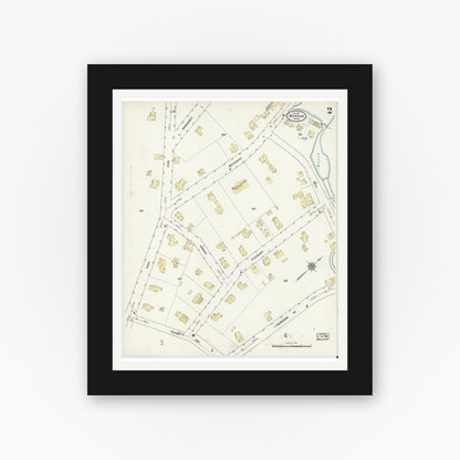 Old map wall art mockup — black gallery frame with white mat — Sanborn Fire Insurance Map from Monson, Hampden County, Massachusetts (1911), Sheet #0002