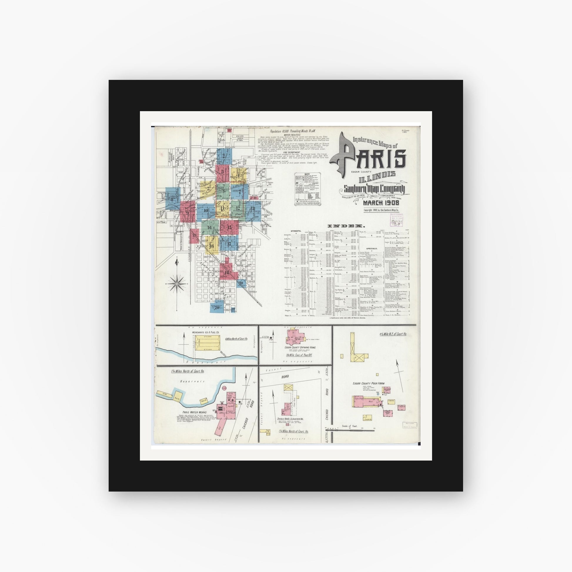 Old map wall art mockup — black gallery frame with white mat — Sanborn Fire Insurance Map from Paris, Edgar County, Illinois (1908) - Complete Map Set