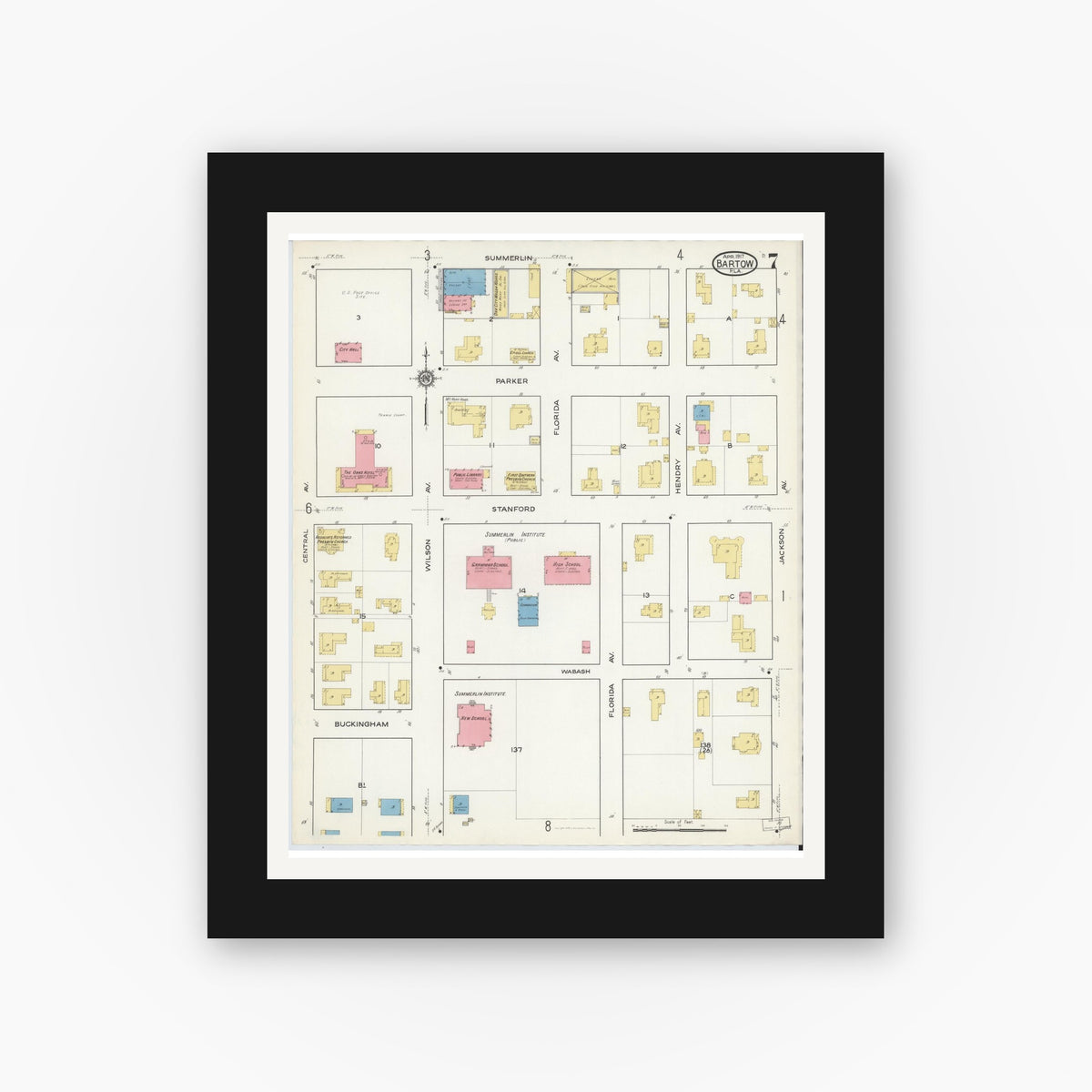Old map wall art mockup — black gallery frame with white mat — Sanborn Fire Insurance Map from Bartow, Polk County, Florida (1917), Sheet #0007