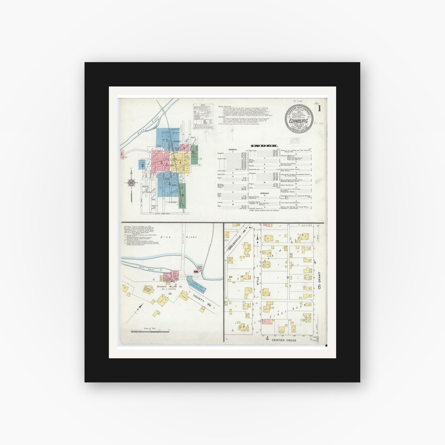 Old map wall art mockup — black gallery frame with white mat — Sanborn Fire Insurance Map from Edinburg, Johnson And Bartholomew Counties, Indiana (1910) - Complete Map Set