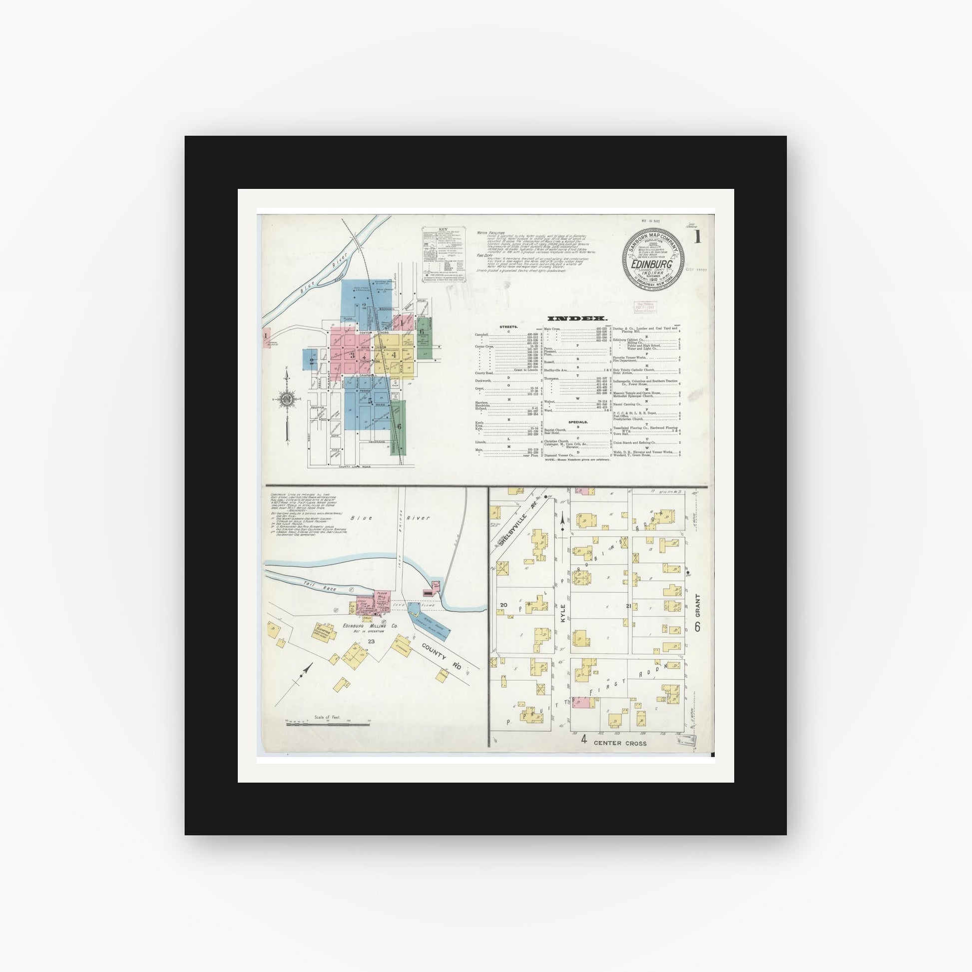 Old map wall art mockup — black gallery frame with white mat — Sanborn Fire Insurance Map from Edinburg, Johnson And Bartholomew Counties, Indiana (1910) - Complete Map Set