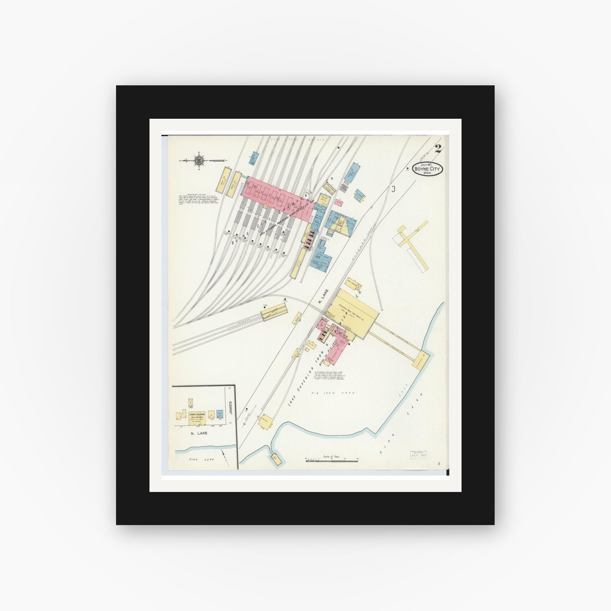 Old map wall art mockup — black gallery frame with white mat — Sanborn Fire Insurance Map from Boyne City, Charlevoix County, Michigan (1911), Sheet #0002