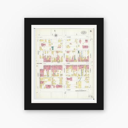 Old map wall art mockup — black gallery frame with white mat — Sanborn Fire Insurance Map from Galion, Crawford County, Ohio (1907), Sheet #0006