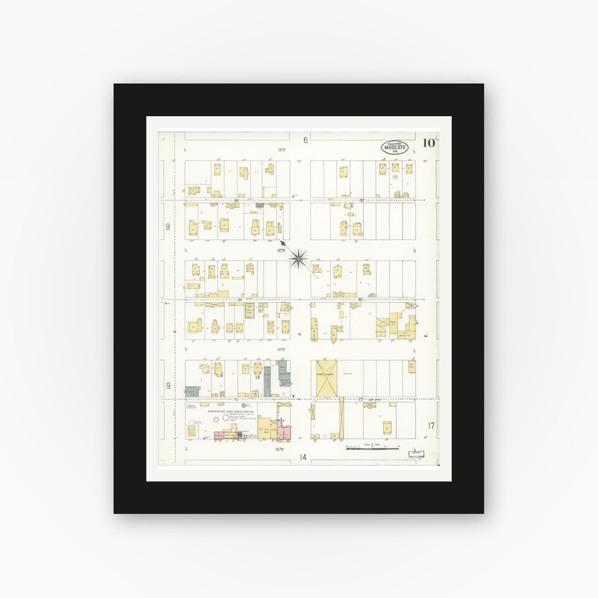 Old map wall art mockup — black gallery frame with white mat — Sanborn Fire Insurance Map from Modesto, Stanislaus County, California (1907), Sheet #0010