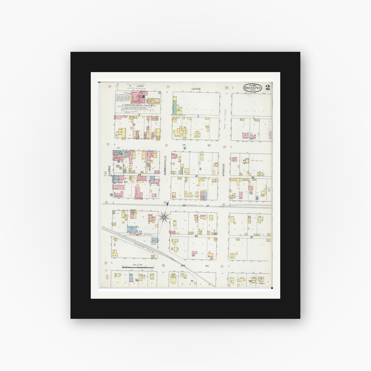 Old map wall art mockup — black gallery frame with white mat — Sanborn Fire Insurance Map from Shakopee, Scott County, Minnesota (1895), Sheet #0002