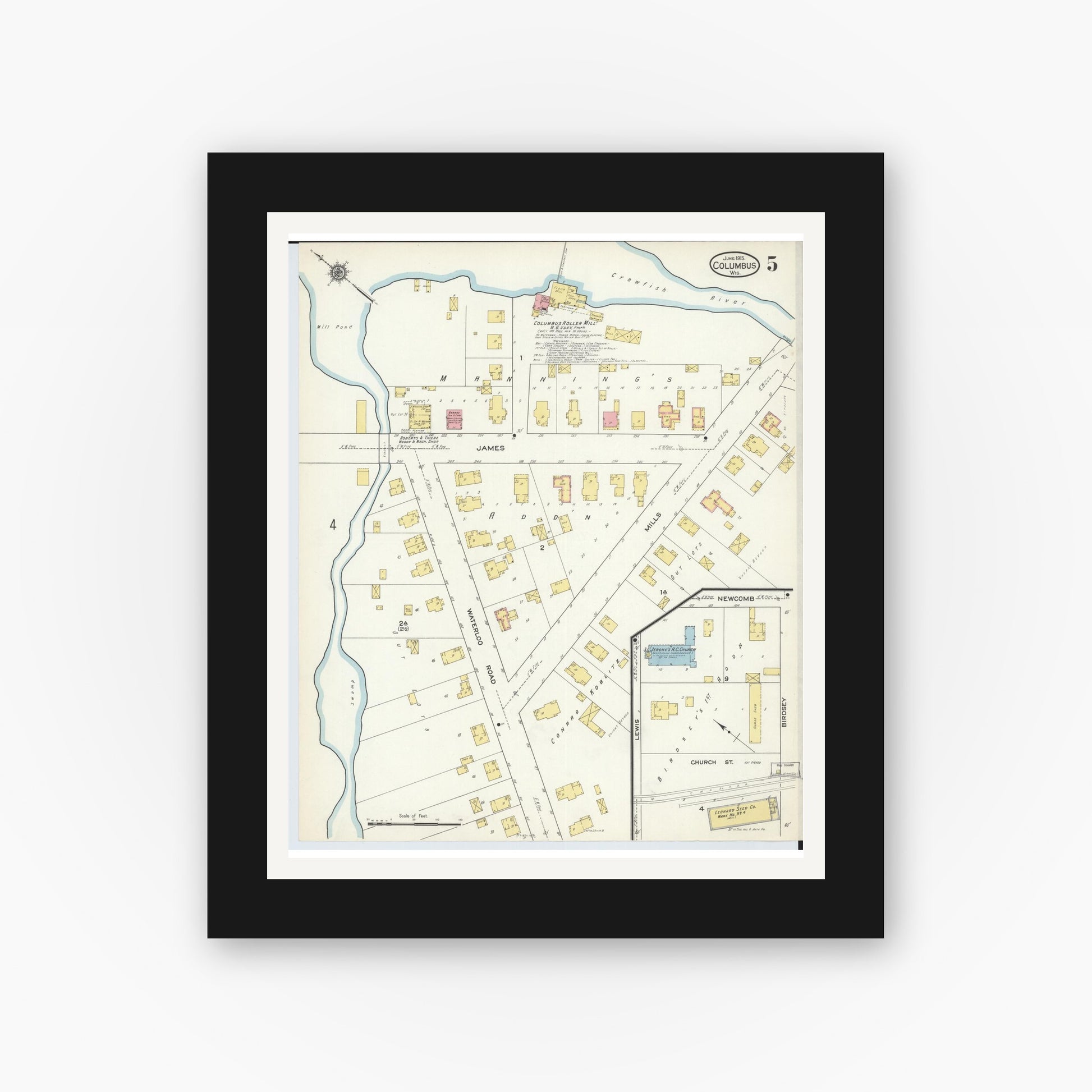 Old map wall art mockup — black gallery frame with white mat — Sanborn Fire Insurance Map from Columbus, Columbia and Dodge County, Wisconsin (1915), Sheet #0005