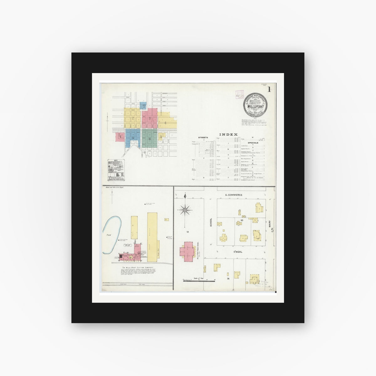 Old map wall art mockup — black gallery frame with white mat — Sanborn Fire Insurance Map from Wills Point, Van Zandt County, Texas (1906) - Complete Map Set