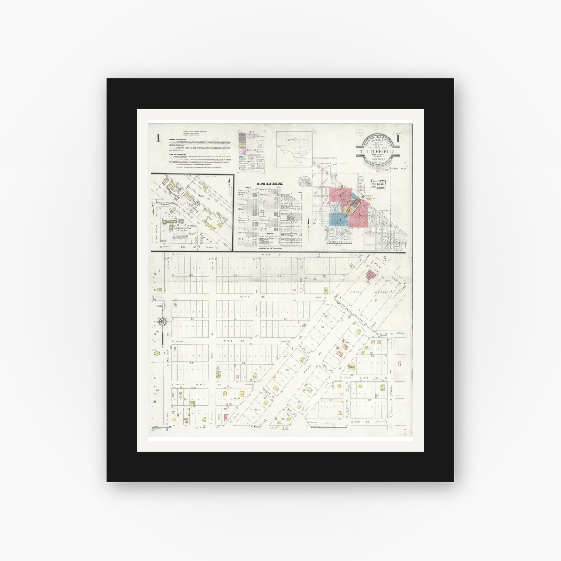 Old map wall art mockup — black gallery frame with white mat — Sanborn Fire Insurance Map from Littlefield, Lamb County, Texas (1932), Sheet #0001