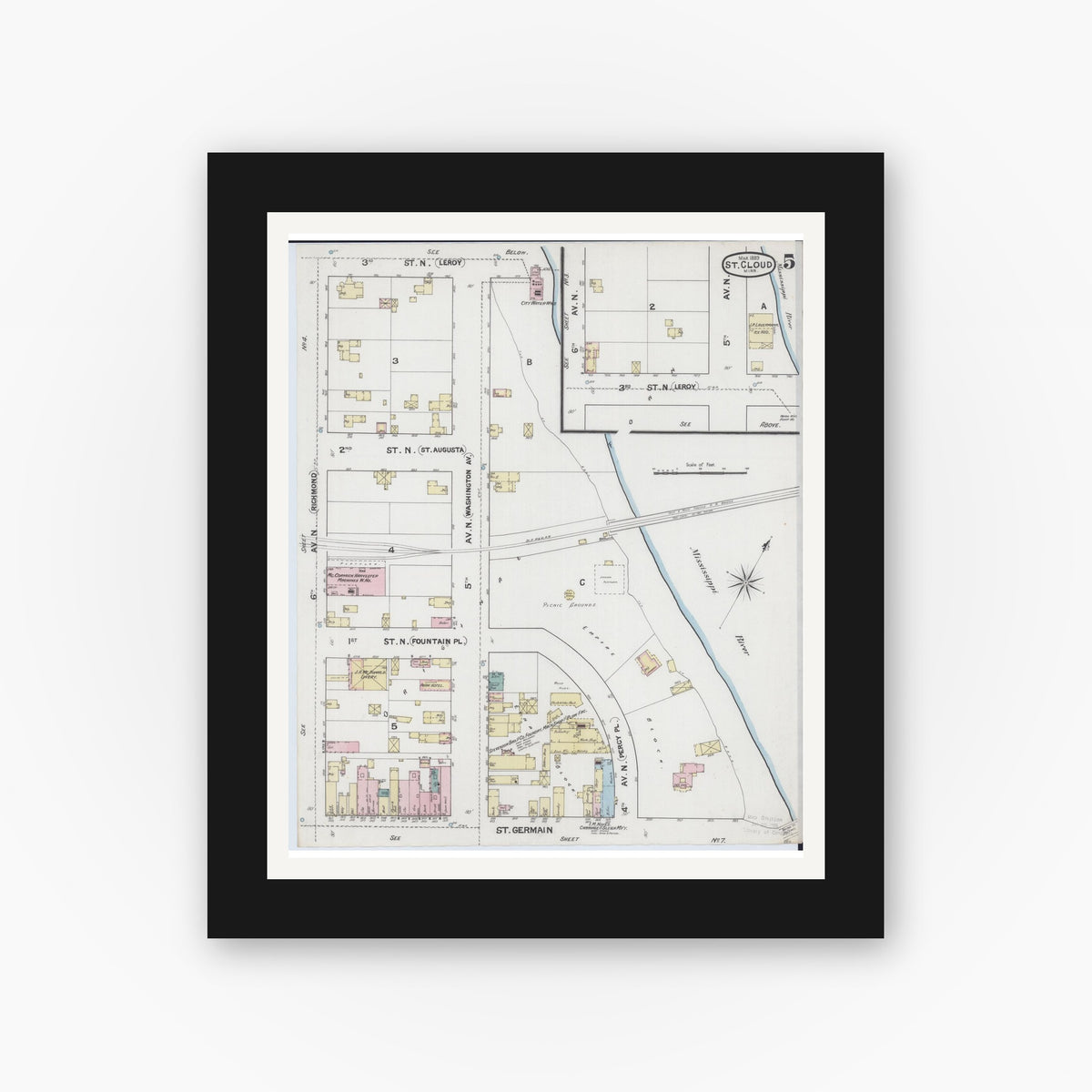 Old map wall art mockup — black gallery frame with white mat — Sanborn Fire Insurance Map from Saint Cloud, Stearns, Benton, and Sherburne Counties, Minnesota (1889), Sheet #0005