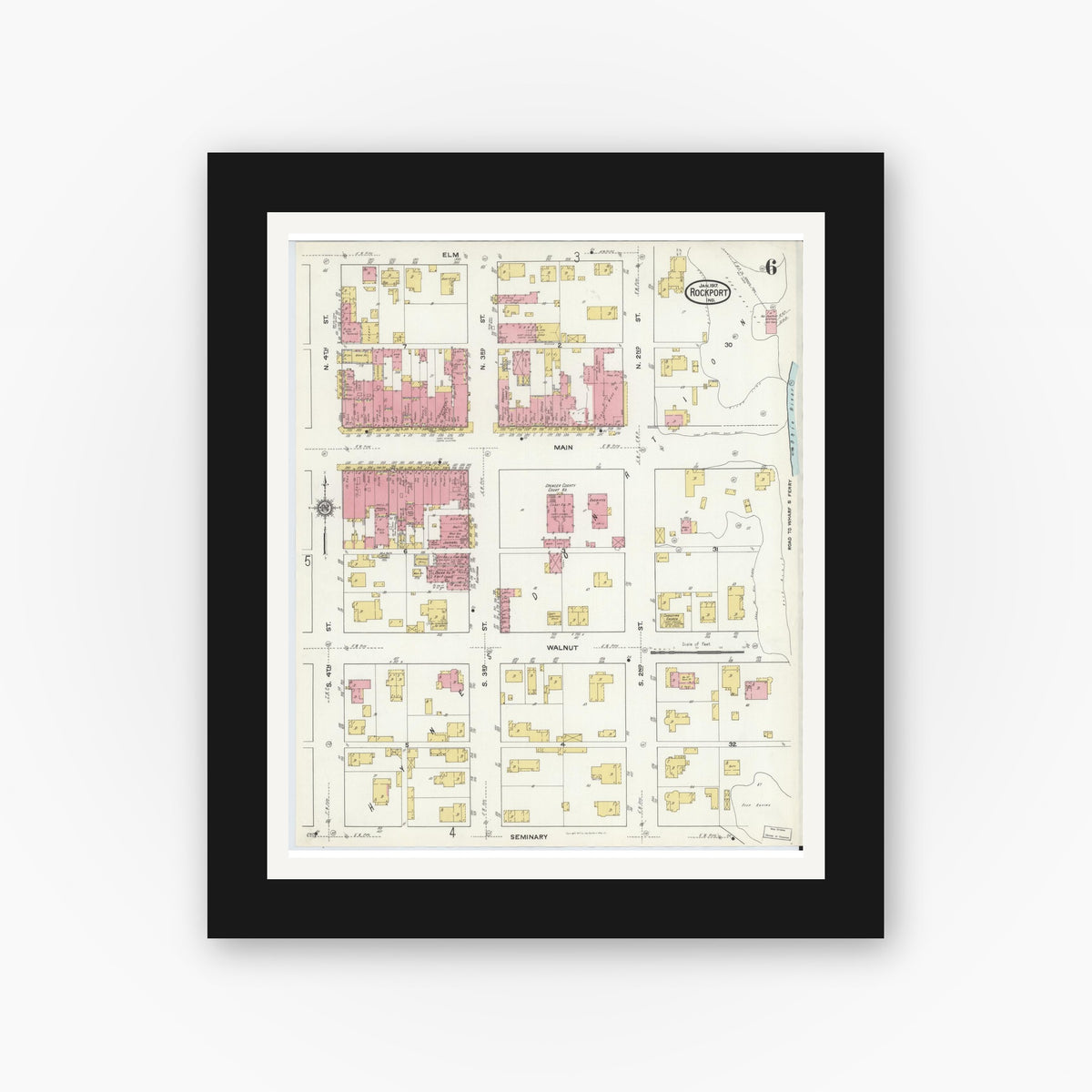 Old map wall art mockup — black gallery frame with white mat — Sanborn Fire Insurance Map from Rockport, Spencer County, Indiana (1917), Sheet #0006