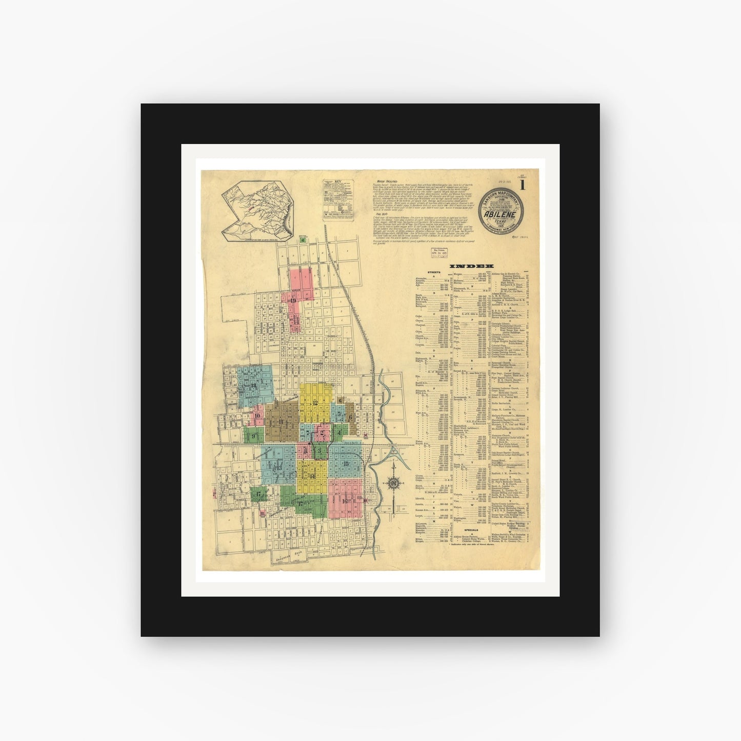 Old map wall art mockup — black gallery frame with white mat — Sanborn Fire Insurance Map from Abilene, Taylor County, Texas (1915), Sheet #0001