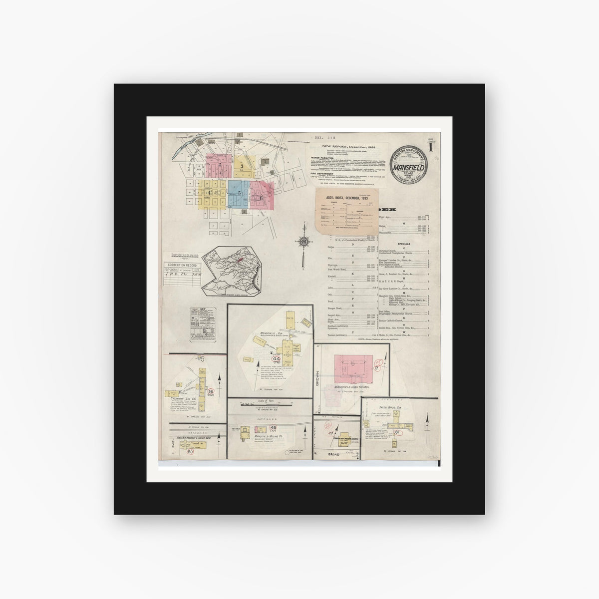 Old map wall art mockup — black gallery frame with white mat — Sanborn Fire Insurance Map from Mansfield, Tarrant County, Texas (1933), Sheet #0001