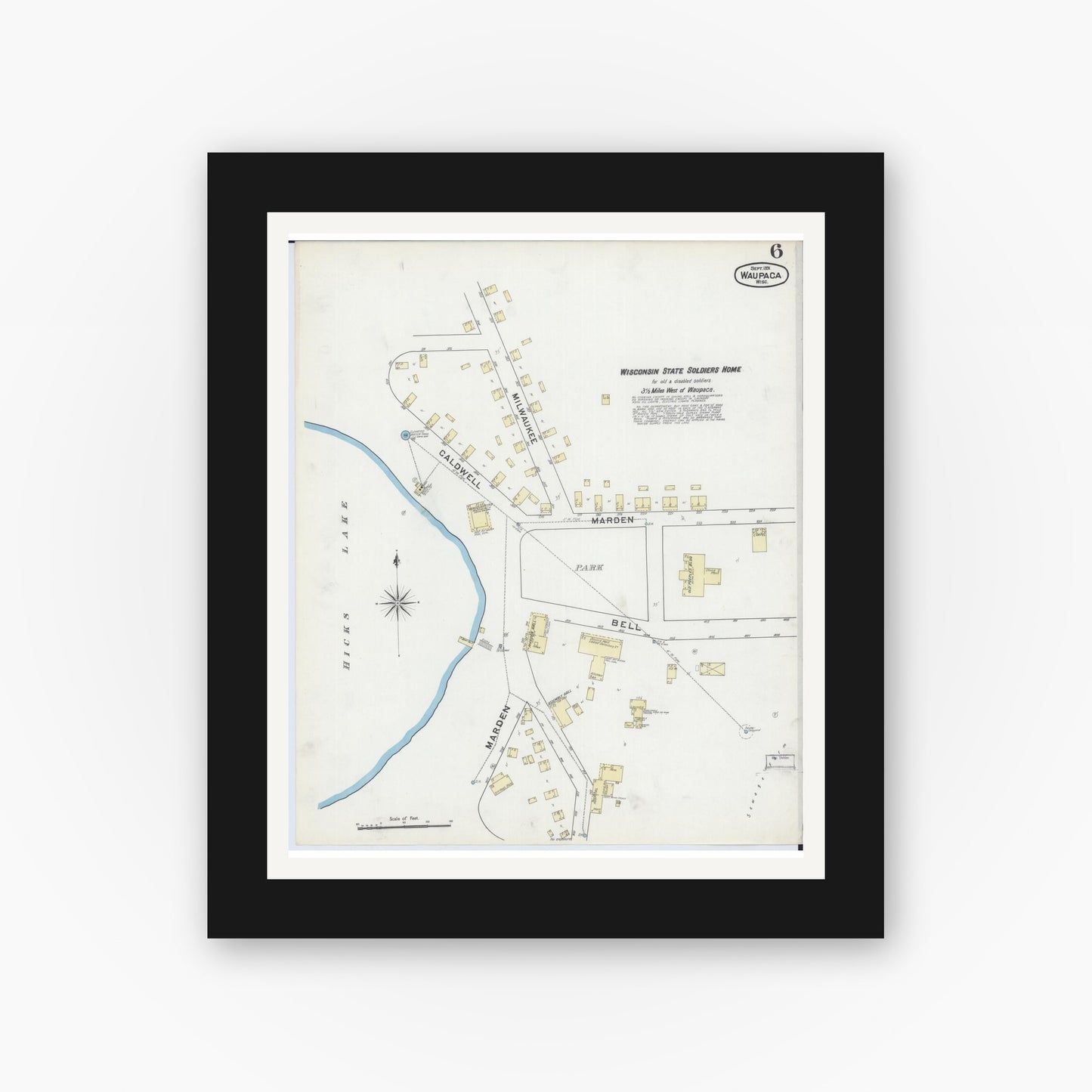 Old map wall art mockup — black gallery frame with white mat — Sanborn Fire Insurance Map from Waupaca, Waupaca County, Wisconsin (1891), Sheet #0006
