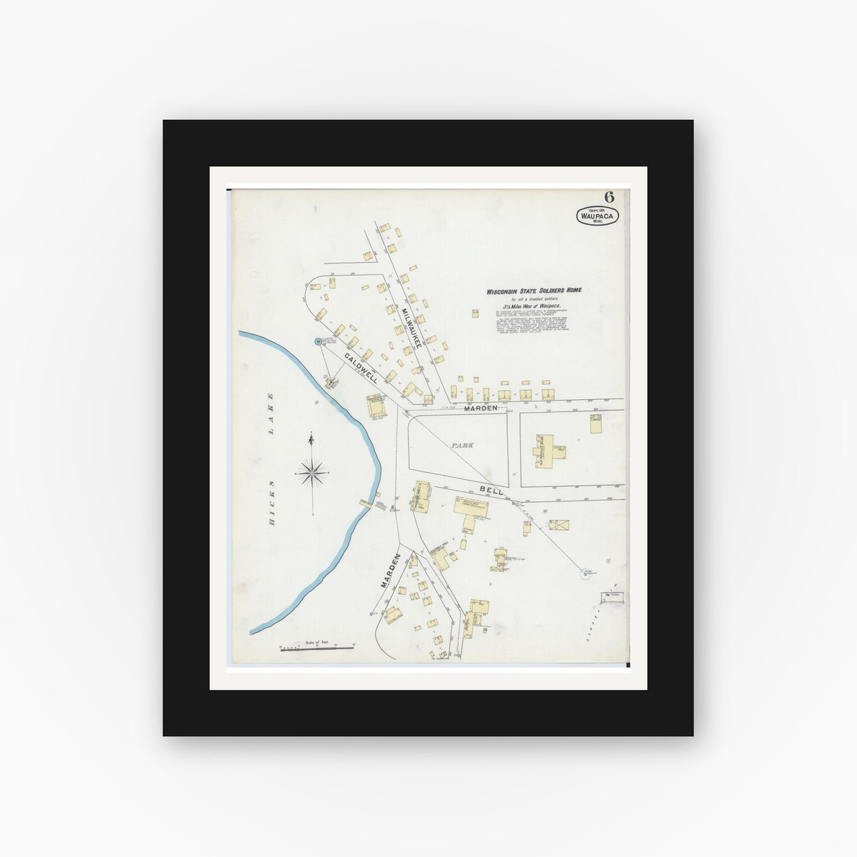 Old map wall art mockup — black gallery frame with white mat — Sanborn Fire Insurance Map from Waupaca, Waupaca County, Wisconsin (1891), Sheet #0006