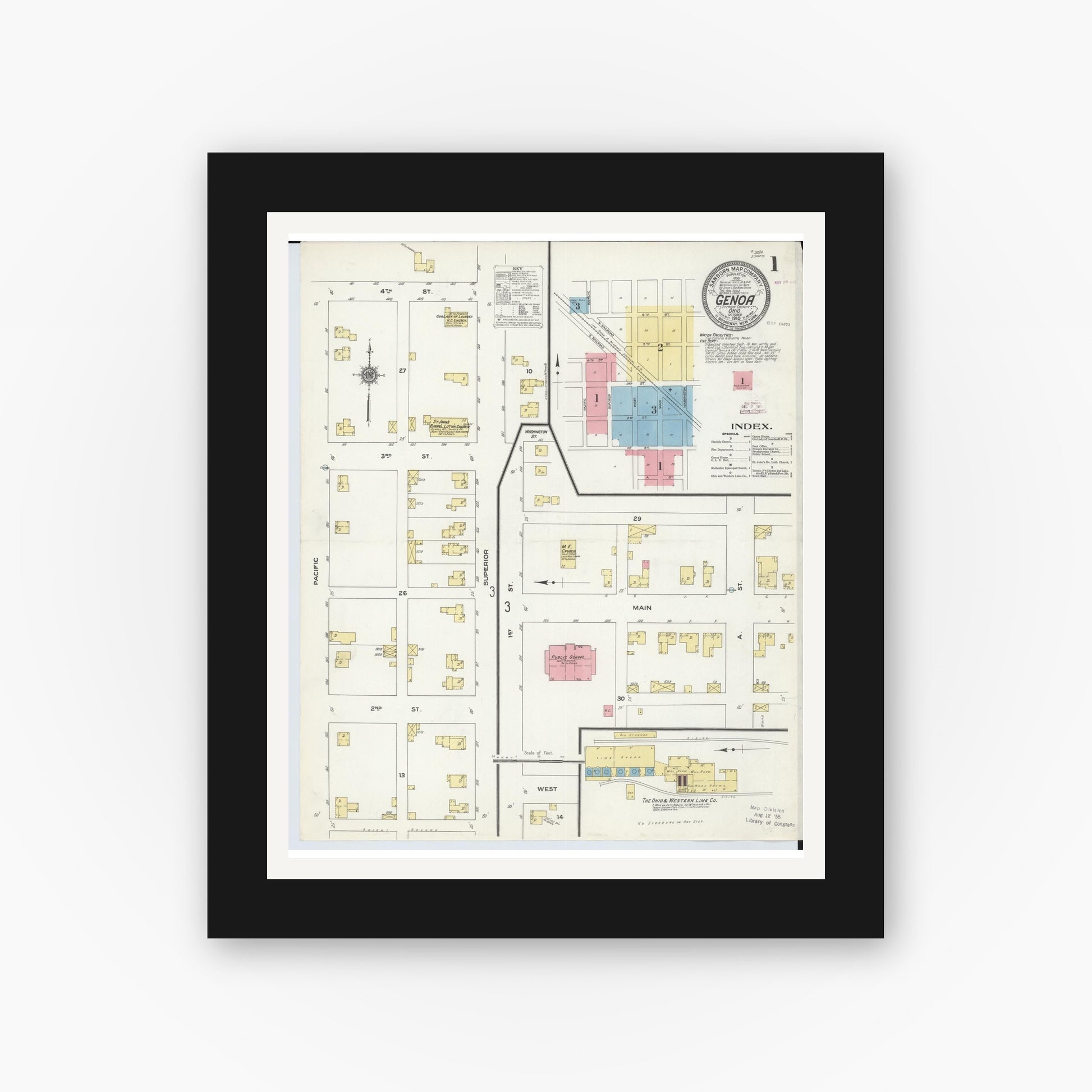 Old map wall art mockup — black gallery frame with white mat — Sanborn Fire Insurance Map from Genoa, Ottawa County, Ohio (1910) - Complete Map Set