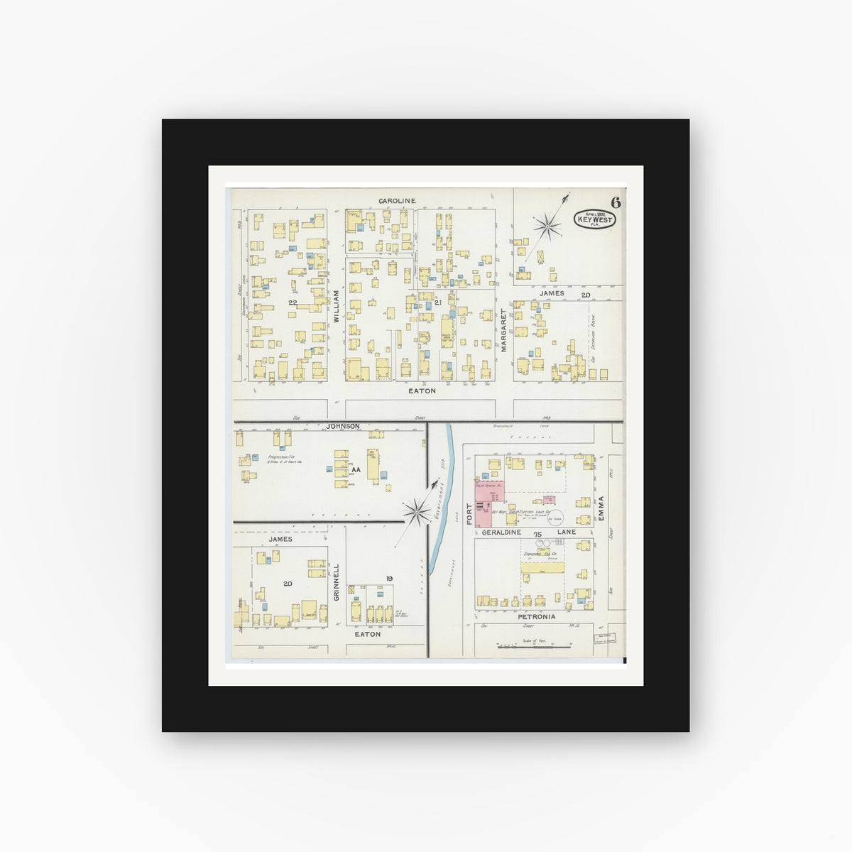 Old map wall art mockup — black gallery frame with white mat — Sanborn Fire Insurance Map from Key West, Monroe County, Florida (1892), Sheet #0006
