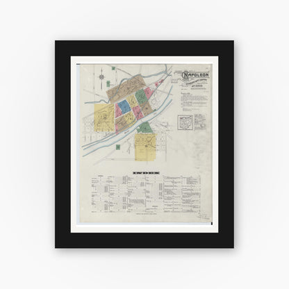 Old map wall art mockup — black gallery frame with white mat — Sanborn Fire Insurance Map from Napoleon, Henry County, Ohio (1916), Sheet #0001