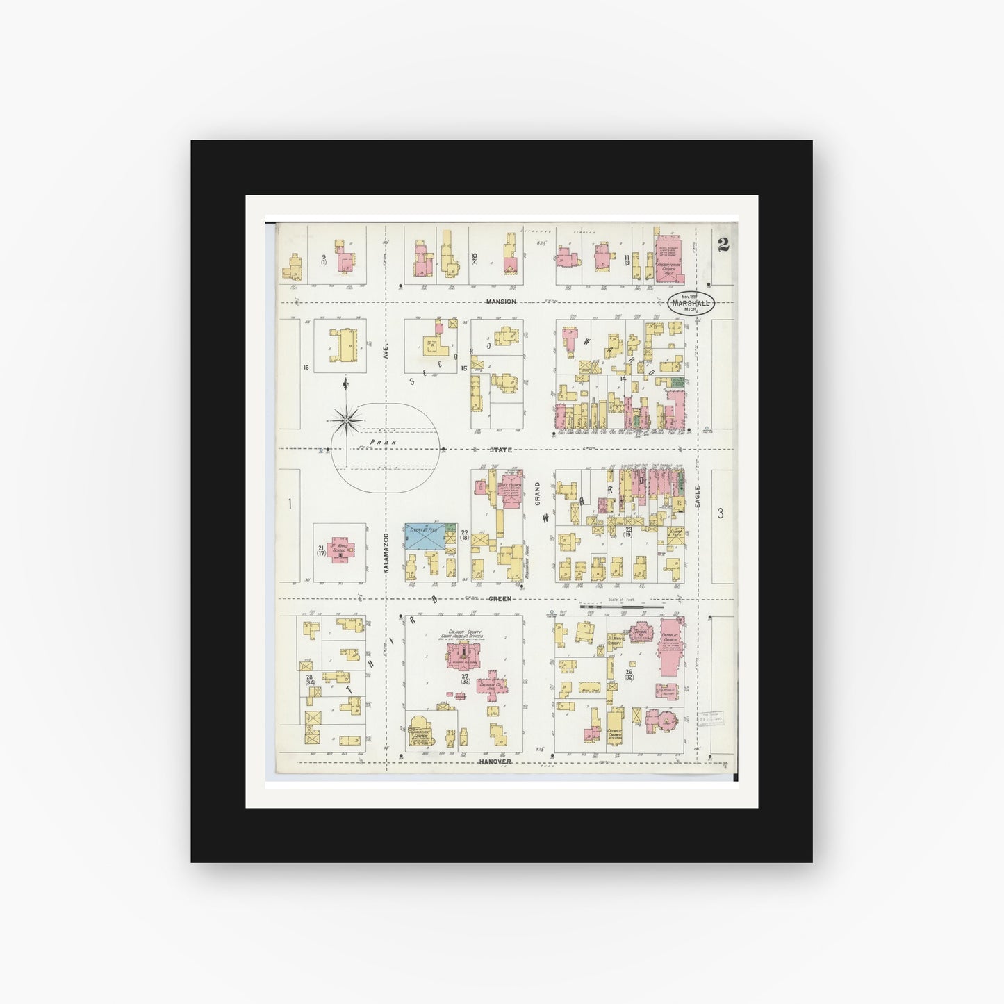 Old map wall art mockup — black gallery frame with white mat — Sanborn Fire Insurance Map from Marshall, Calhoun County, Michigan (1899), Sheet #0002