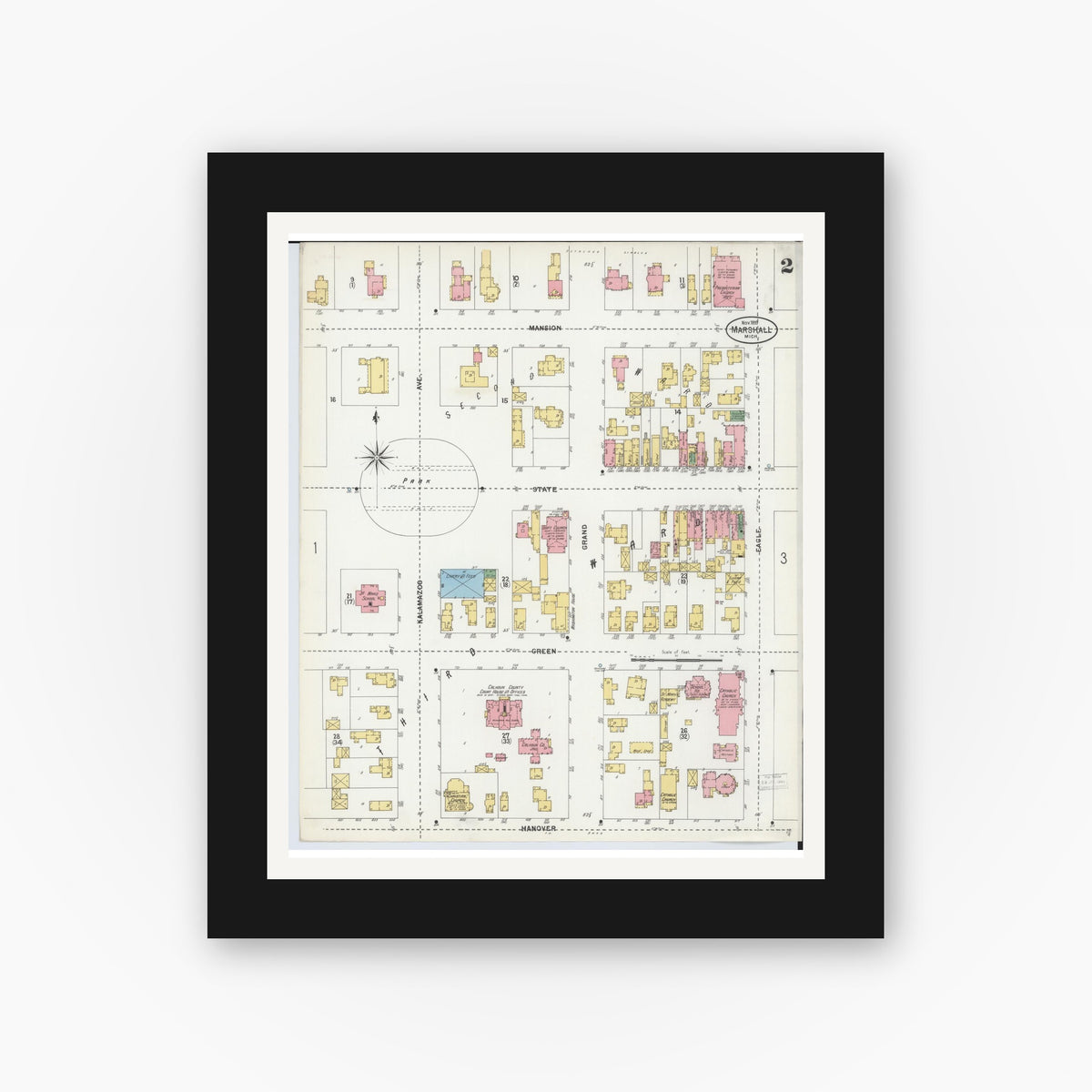 Old map wall art mockup — black gallery frame with white mat — Sanborn Fire Insurance Map from Marshall, Calhoun County, Michigan (1899), Sheet #0002