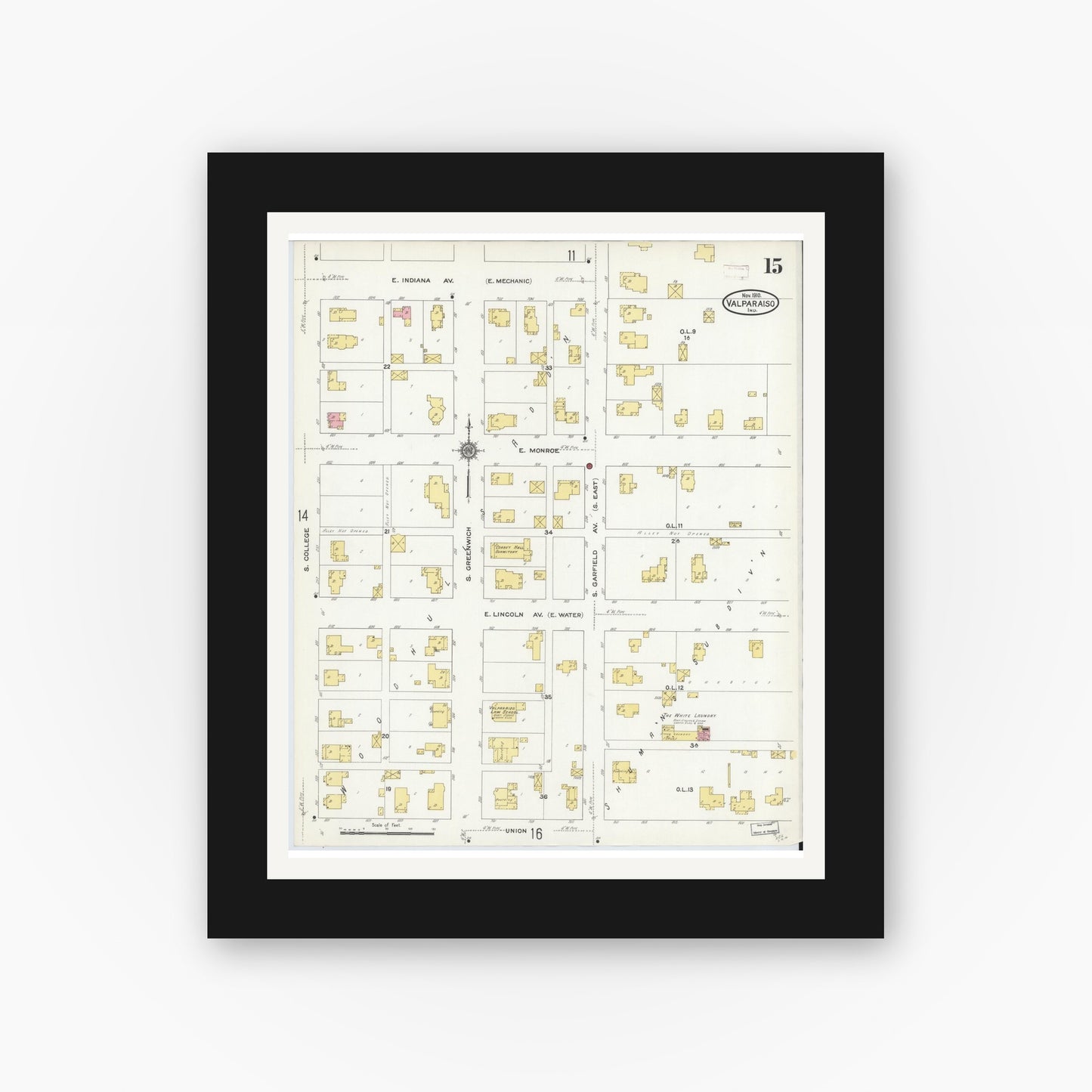 Old map wall art mockup — black gallery frame with white mat — Sanborn Fire Insurance Map from Valparaiso, Porter County, Indiana (1910), Sheet #0015