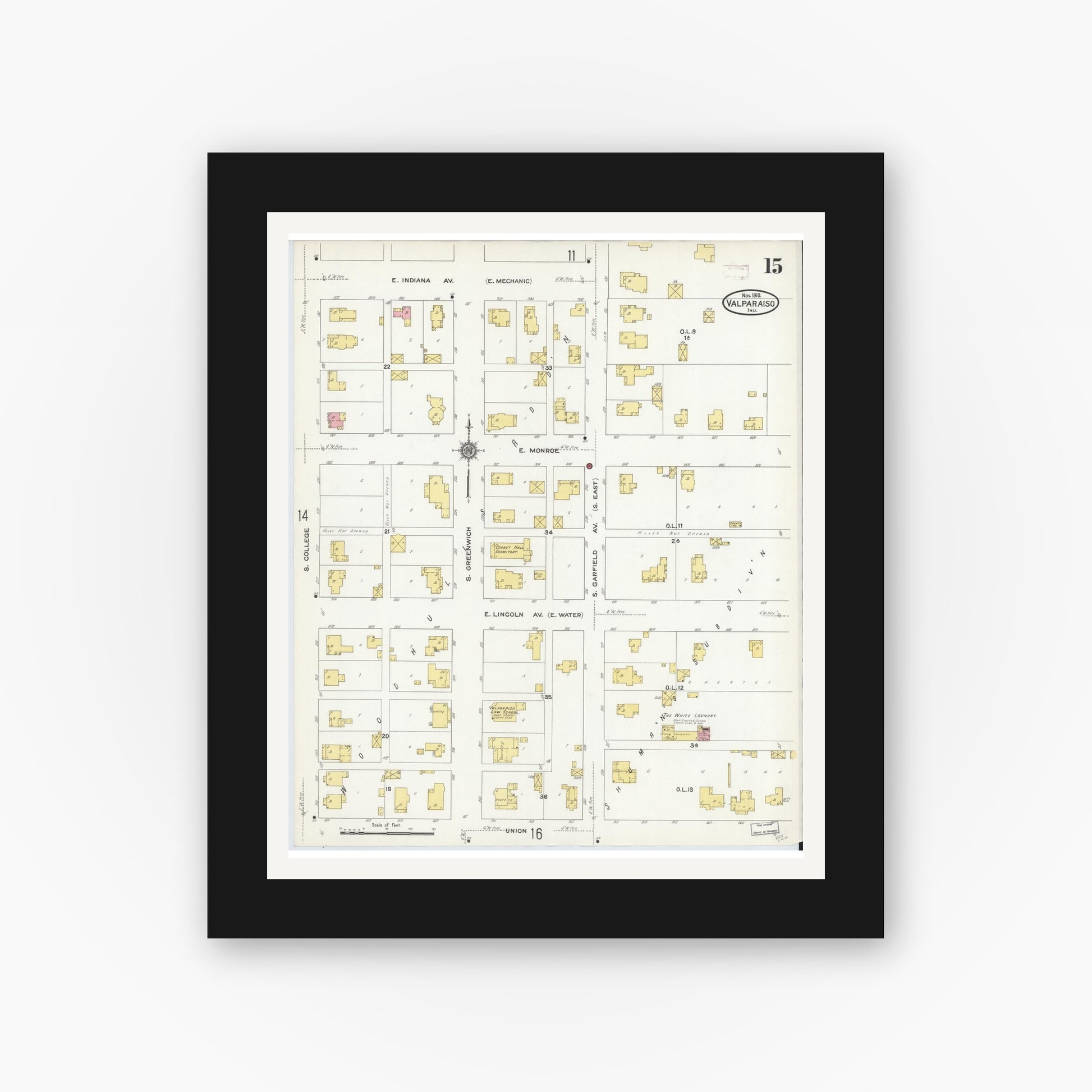 Old map wall art mockup — black gallery frame with white mat — Sanborn Fire Insurance Map from Valparaiso, Porter County, Indiana (1910), Sheet #0015