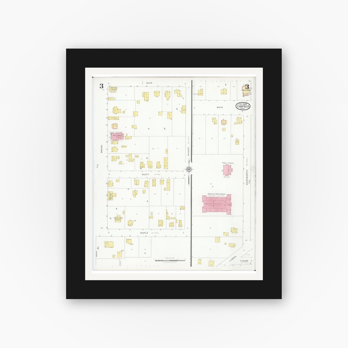 Old map wall art mockup — black gallery frame with white mat — Sanborn Fire Insurance Map from Canfield, Mahoning County, Ohio (1928), Sheet #0003