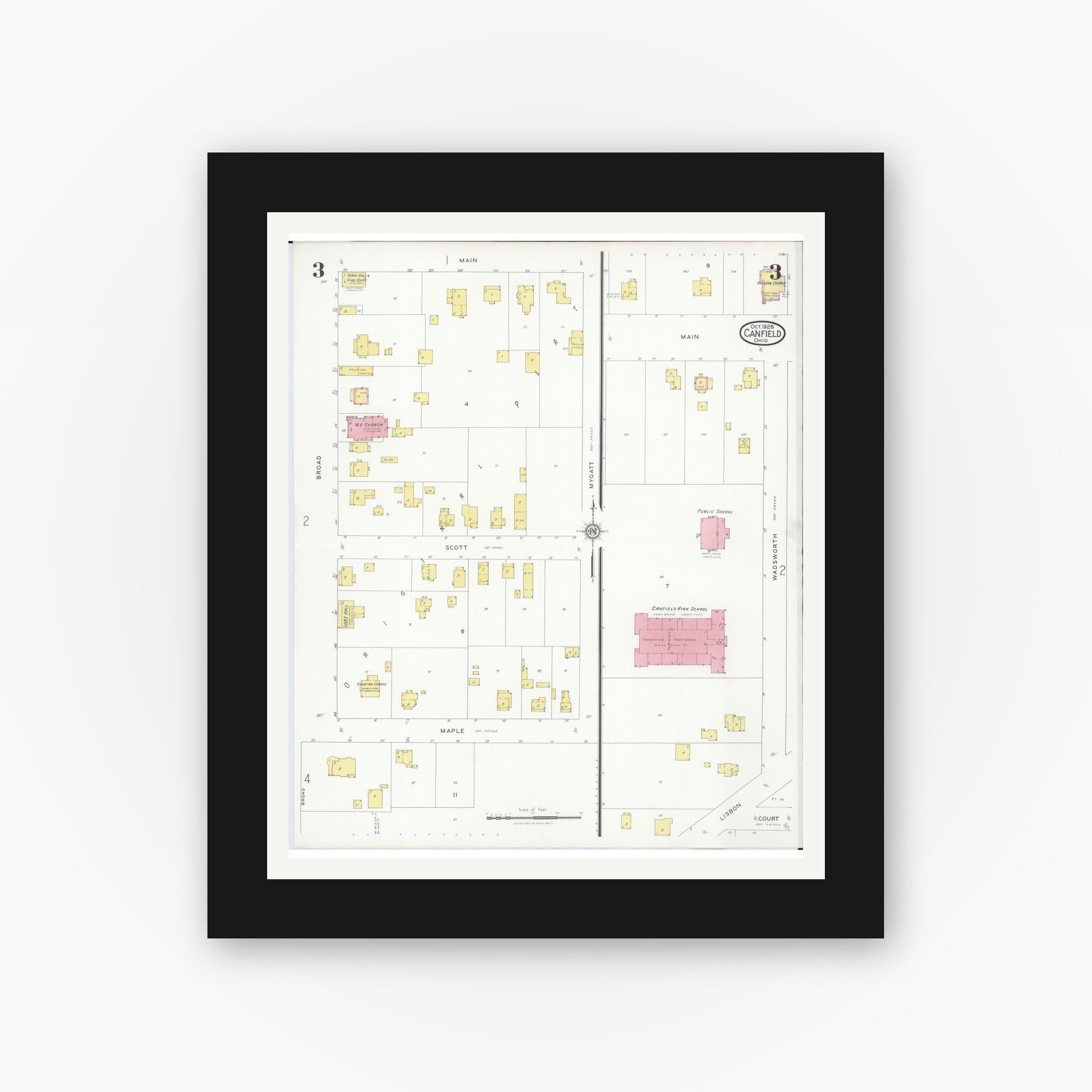 Old map wall art mockup — black gallery frame with white mat — Sanborn Fire Insurance Map from Canfield, Mahoning County, Ohio (1928), Sheet #0003