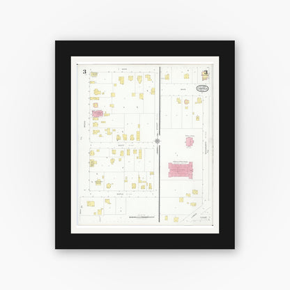 Old map wall art mockup — black gallery frame with white mat — Sanborn Fire Insurance Map from Canfield, Mahoning County, Ohio (1928), Sheet #0003