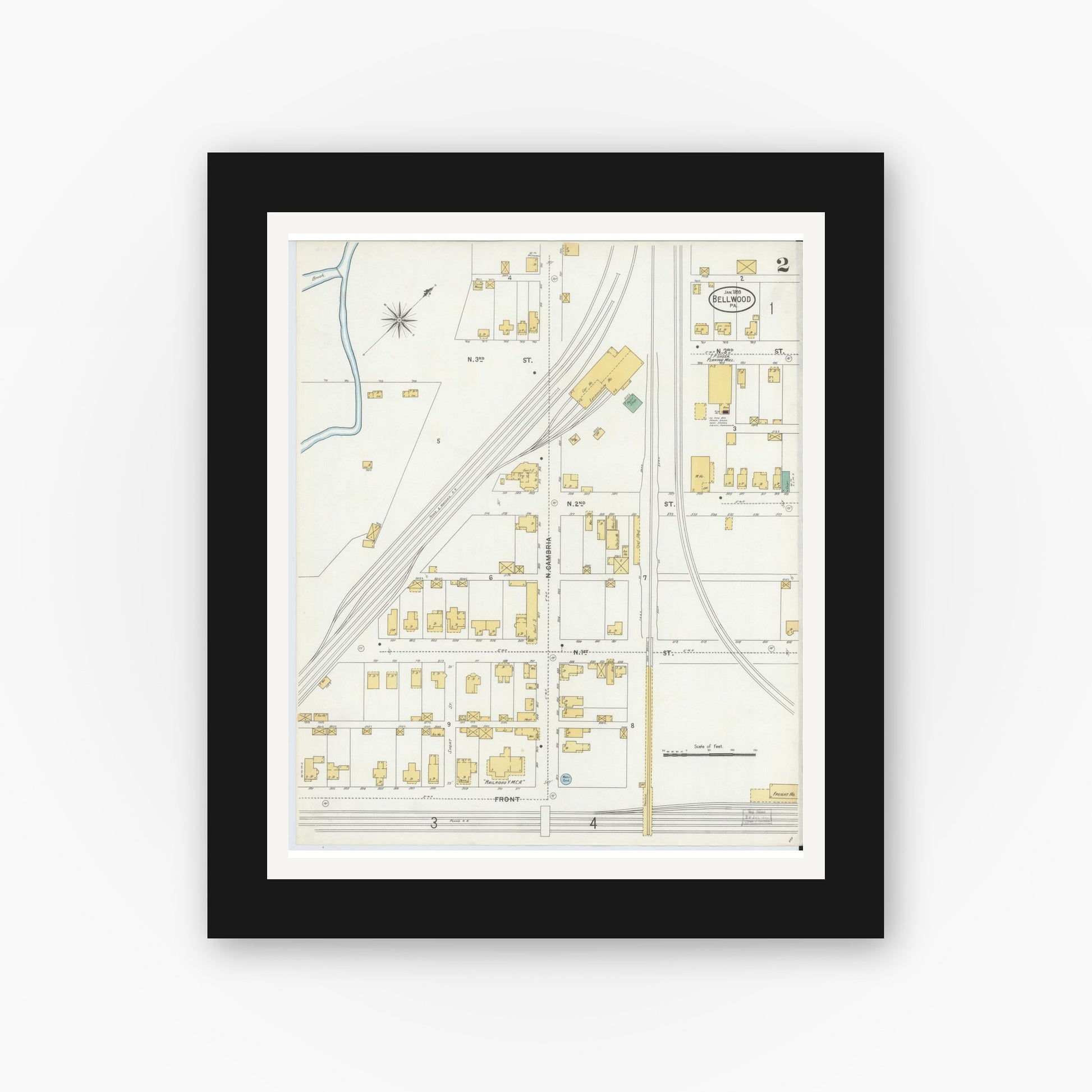 Old map wall art mockup — black gallery frame with white mat — Sanborn Fire Insurance Map from Bellwood, Blair County, Pennsylvania (1899), Sheet #0002