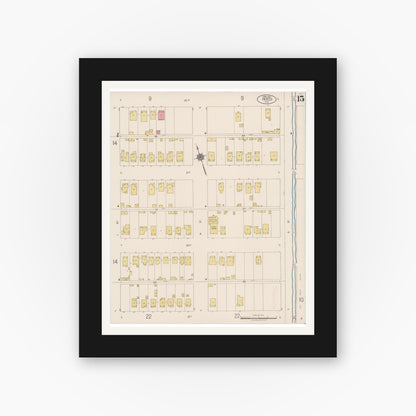 Old map wall art mockup — black gallery frame with white mat — Sanborn Fire Insurance Map from Merced, Merced County, California (1922), Sheet #0015