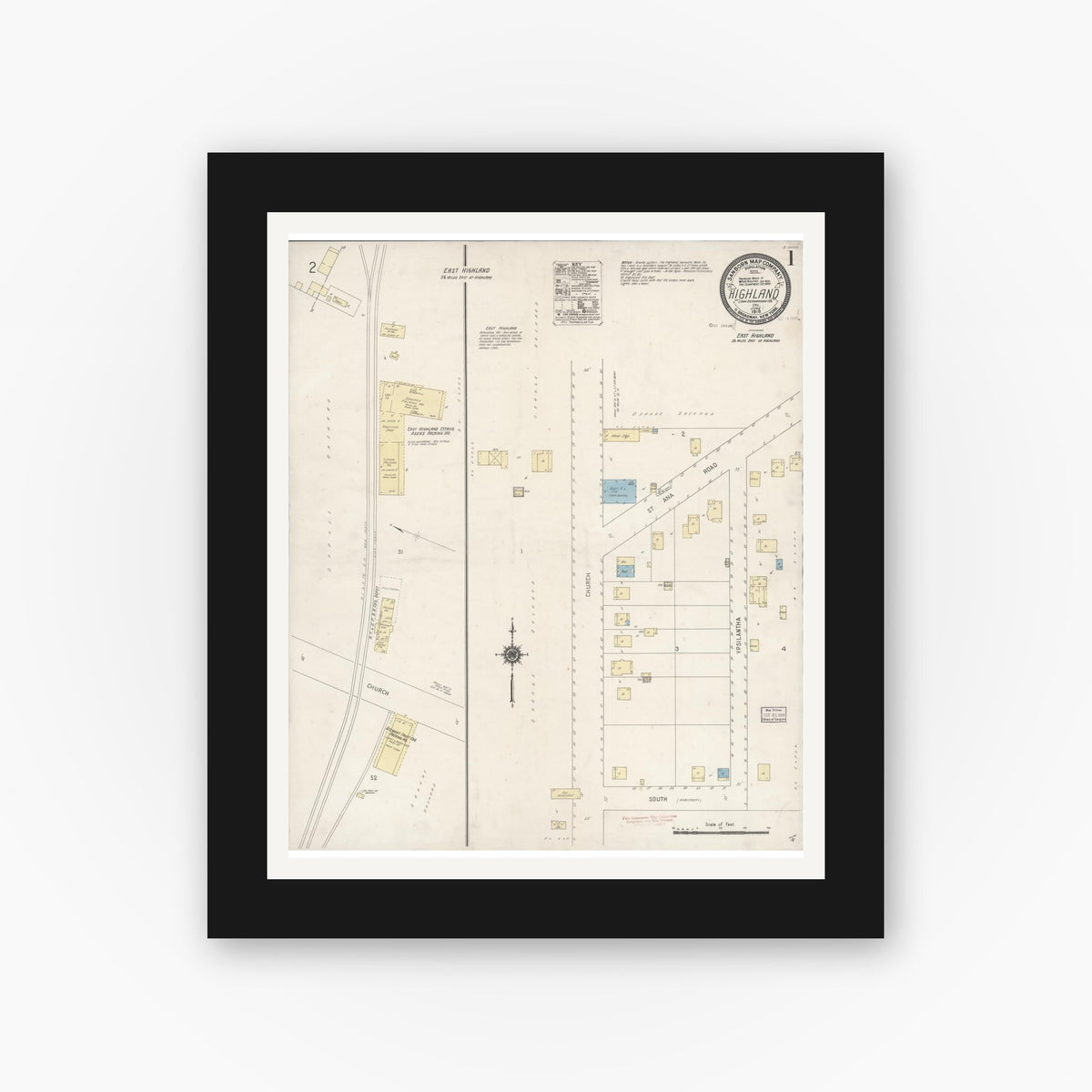 Old map wall art mockup — black gallery frame with white mat — Sanborn Fire Insurance Map from Highland, San Bernardino County, California (1918), Sheet #0001