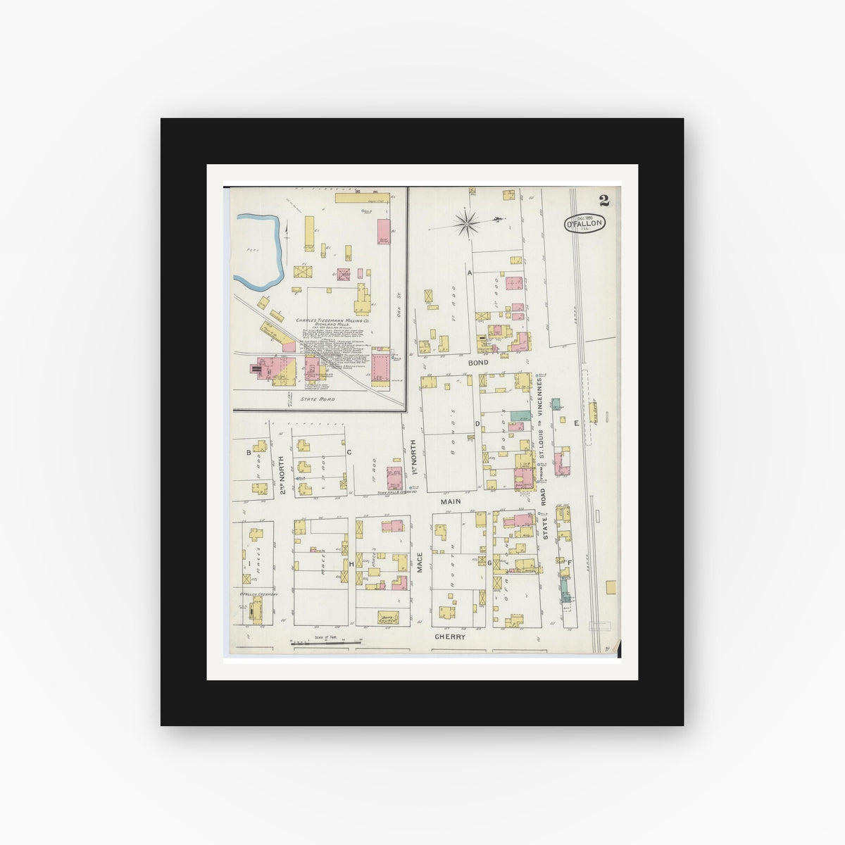 Old map wall art mockup — black gallery frame with white mat — Sanborn Fire Insurance Map from O'Fallon, Saint Clair County, Illinois (1893), Sheet #0002